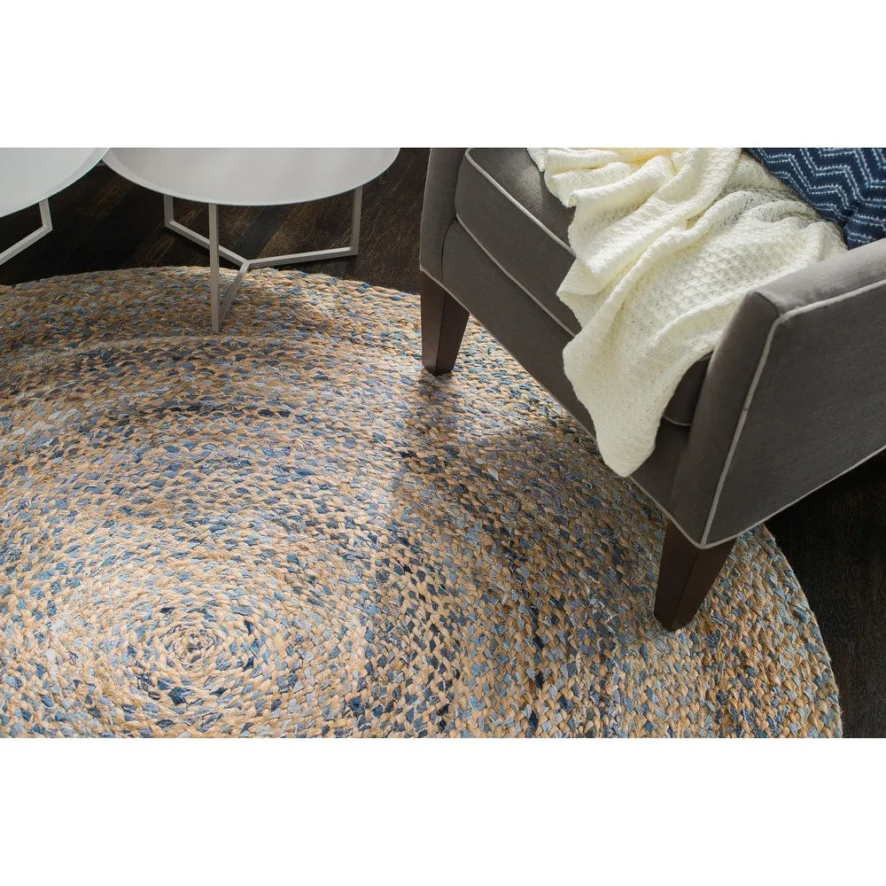 Jani Keira Denim and Jute Hand-Loomed Rug - Kerala Round 8-Feet Area Rug. Durable Denim Jute Carpet