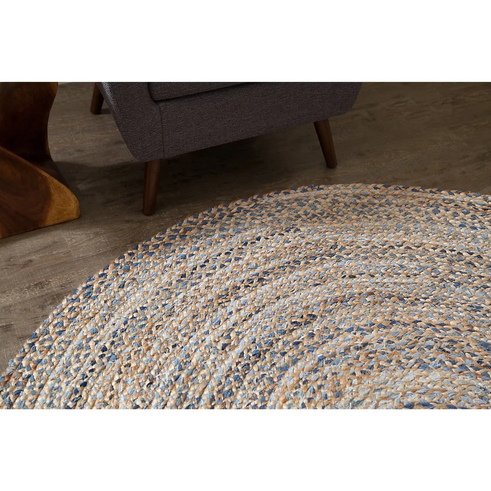 Jani Keira Denim and Jute Hand-Loomed Rug - Kerala Round 8-Feet Area Rug. Durable Denim Jute Carpet