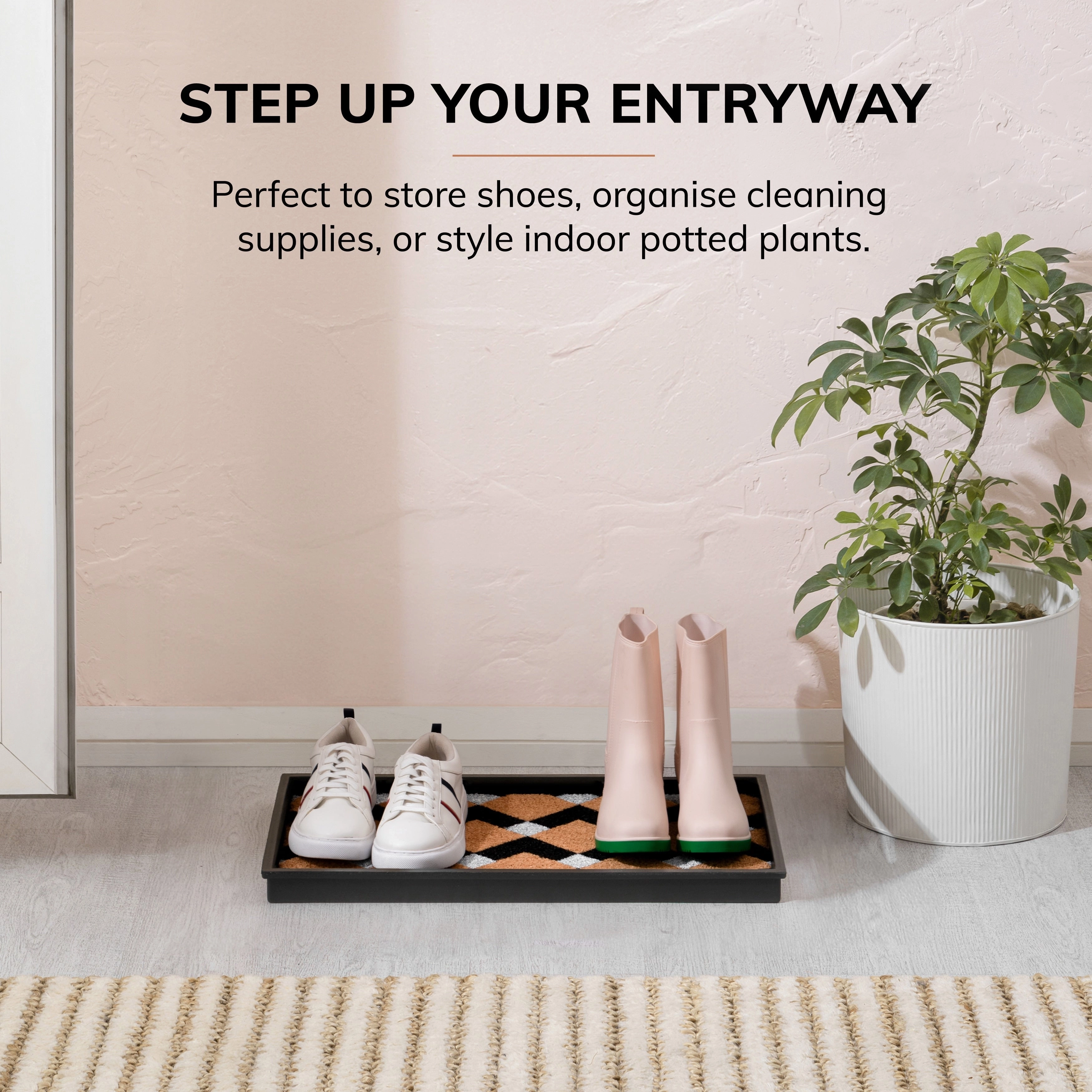Jani Natural & Recycled Rubber Boot Tray with Tan & Black Chevron Coir Insert