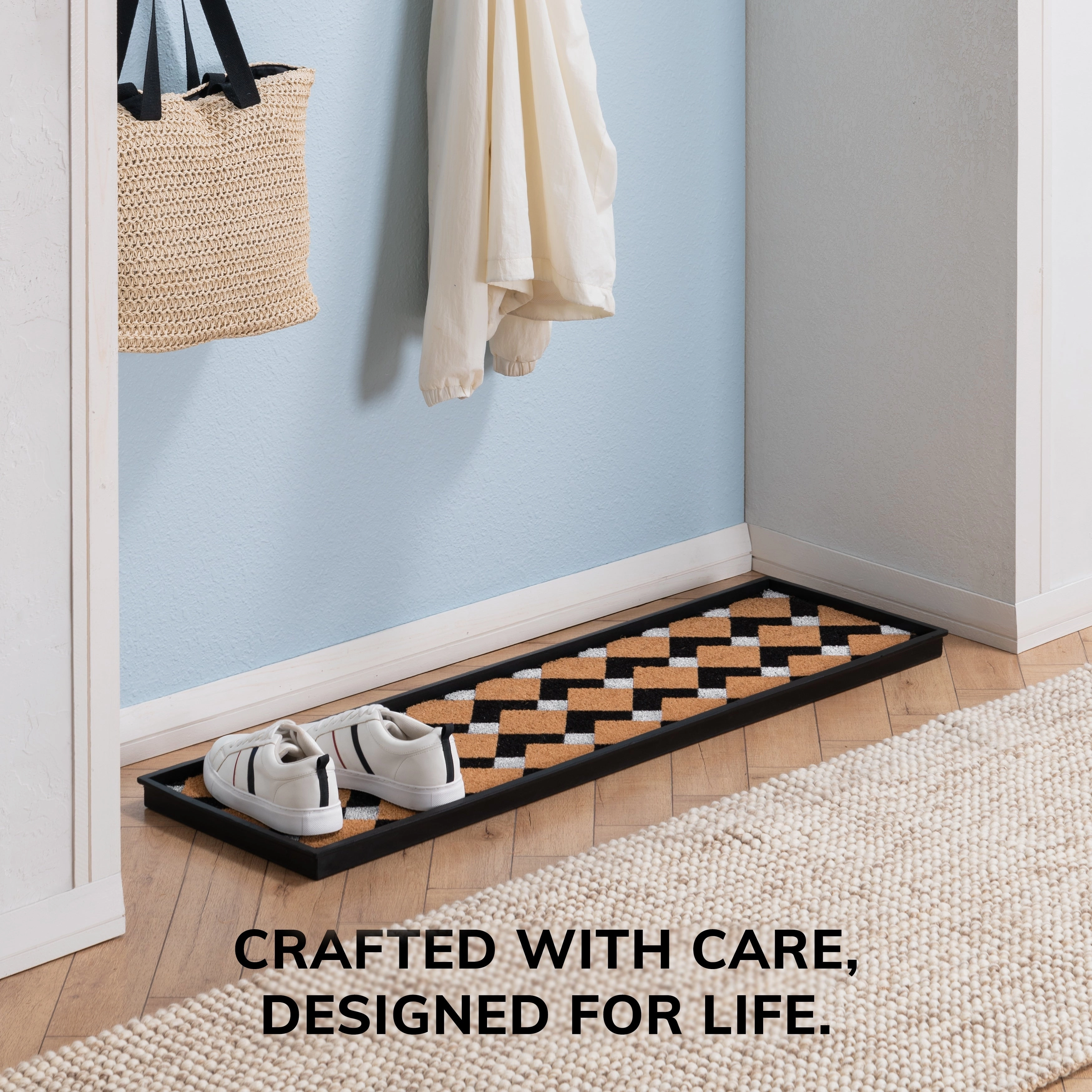 Jani Natural & Recycled Rubber Boot Tray with Tan & Black Chevron Coir Insert