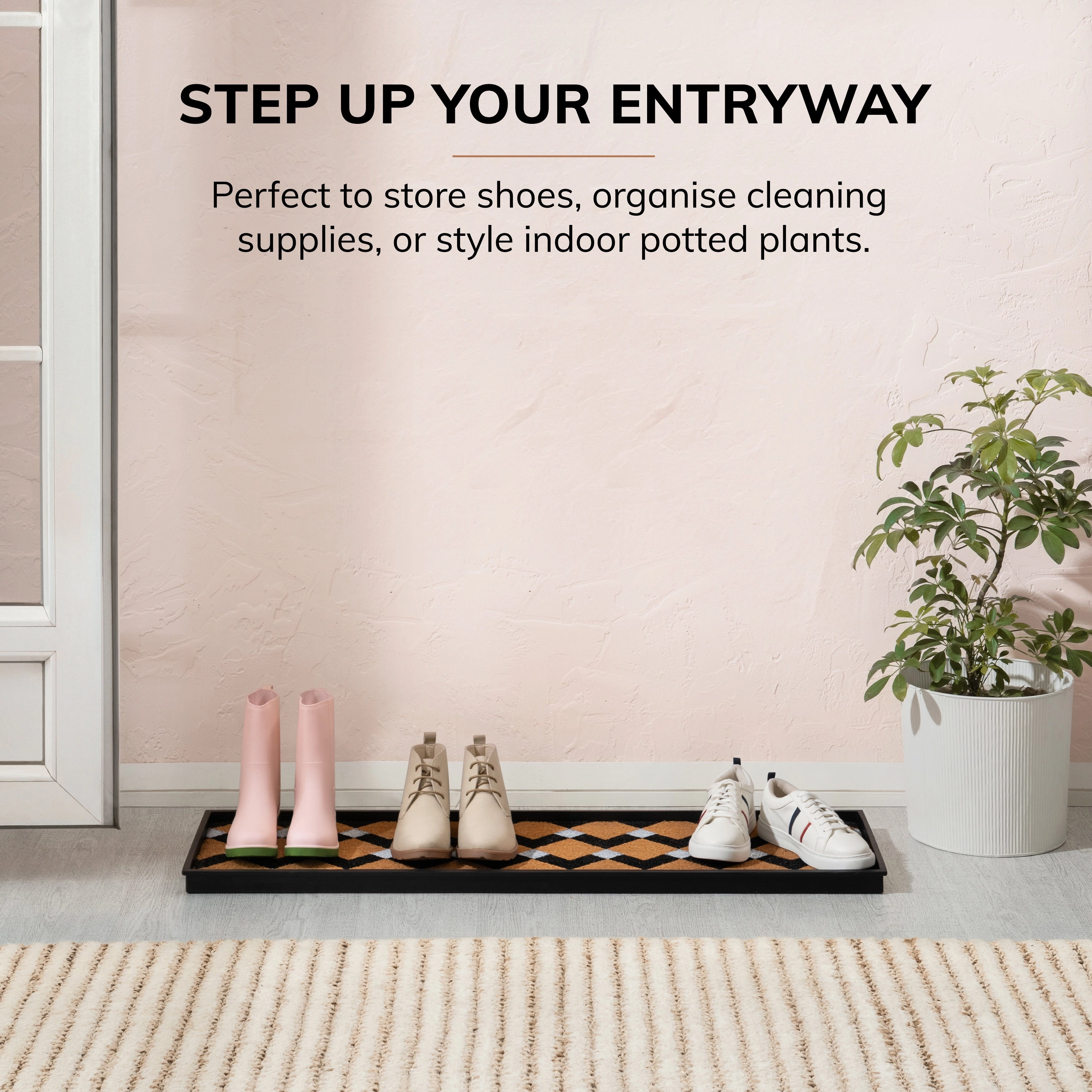 Jani Natural & Recycled Rubber Boot Tray with Tan & Black Chevron Coir Insert