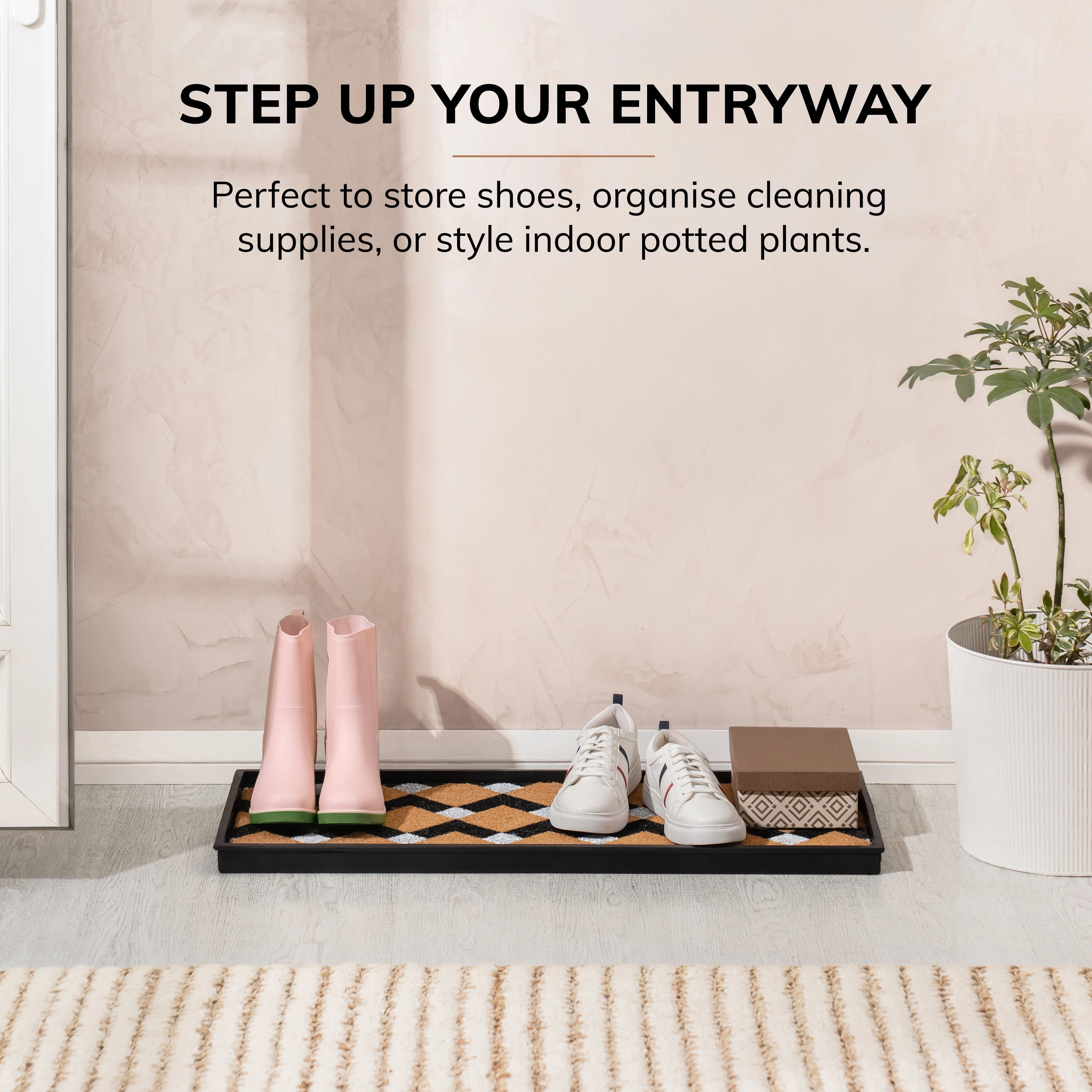 Jani Natural & Recycled Rubber Boot Tray with Tan & Black Chevron Coir Insert