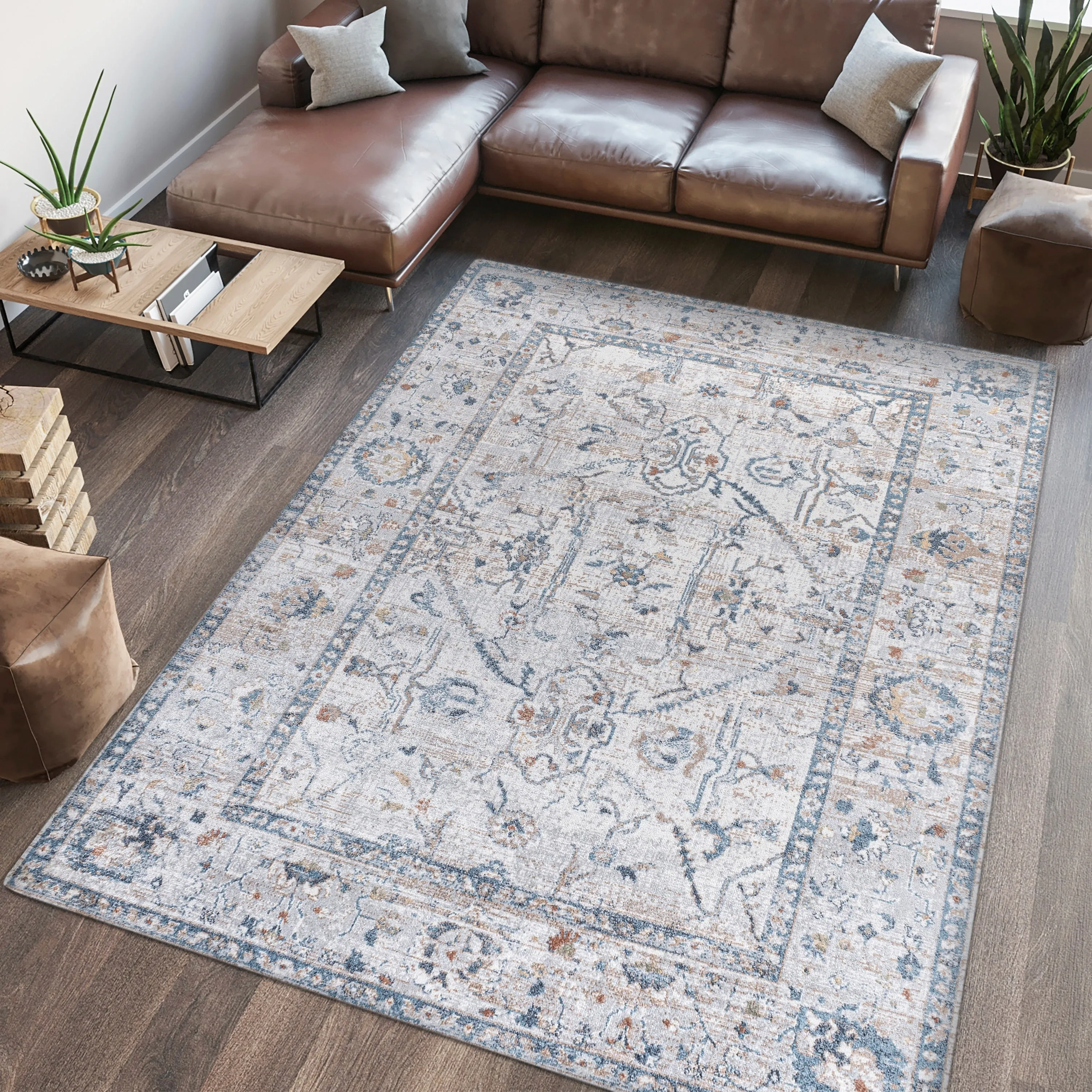 JONATHAN Y Amoeba Rustic Border Low-Pile Machine-Washable Area Rug