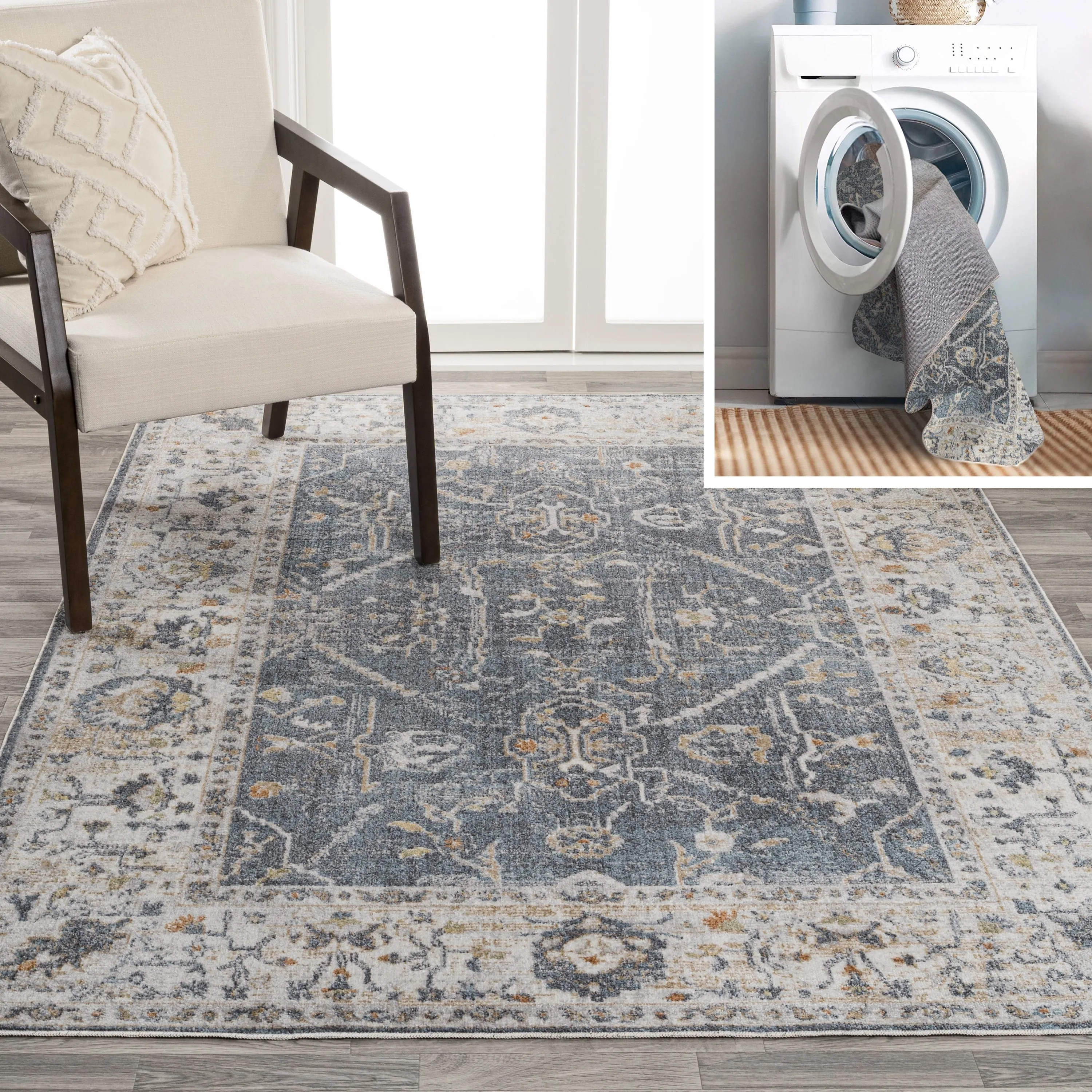 JONATHAN Y Amoeba Rustic Border Low-Pile Machine-Washable Area Rug