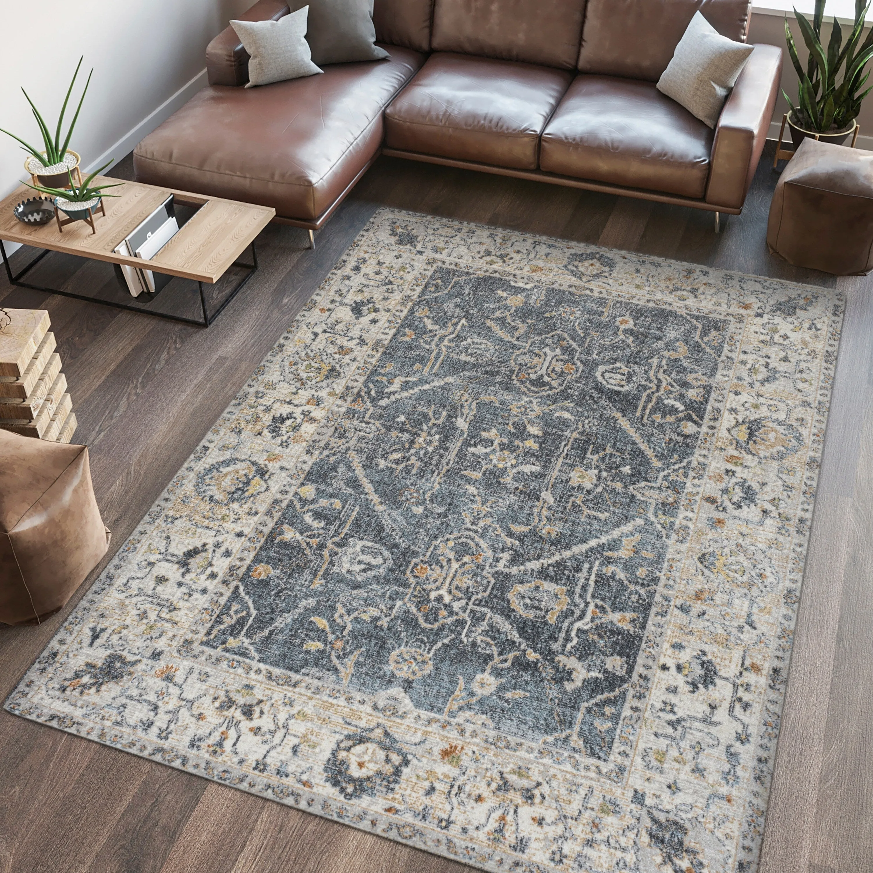 JONATHAN Y Amoeba Rustic Border Low-Pile Machine-Washable Area Rug