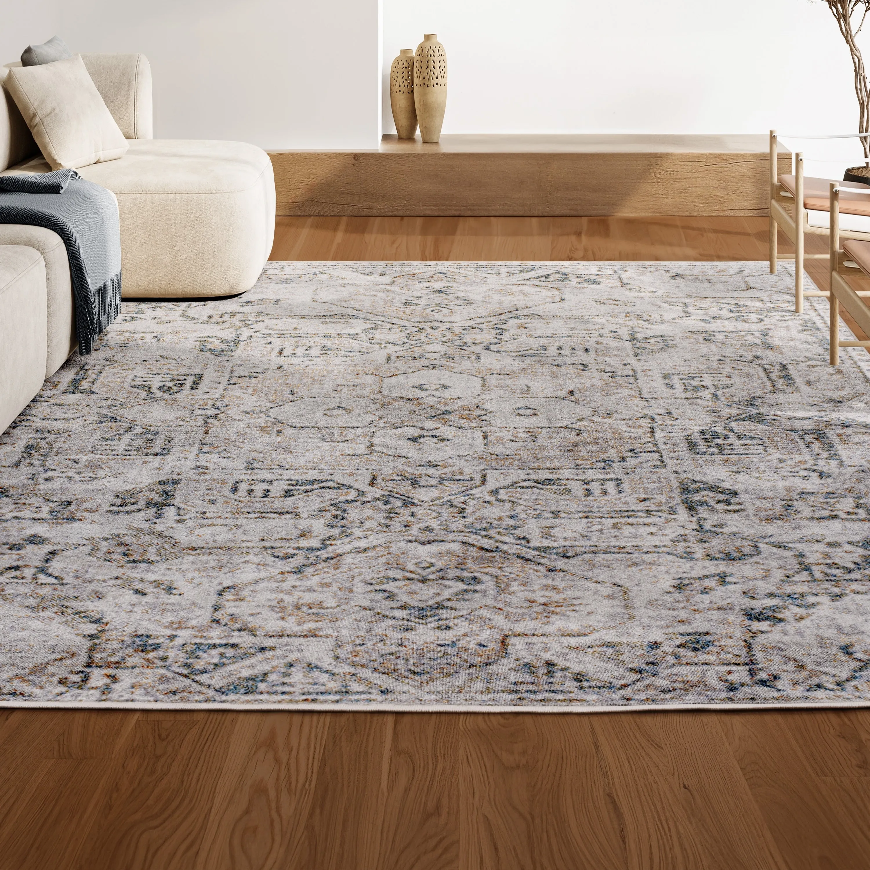 JONATHAn Y Keesha Distressed Medallion Low-Pile Machine-Washable Cream/Light Gray Area Rug