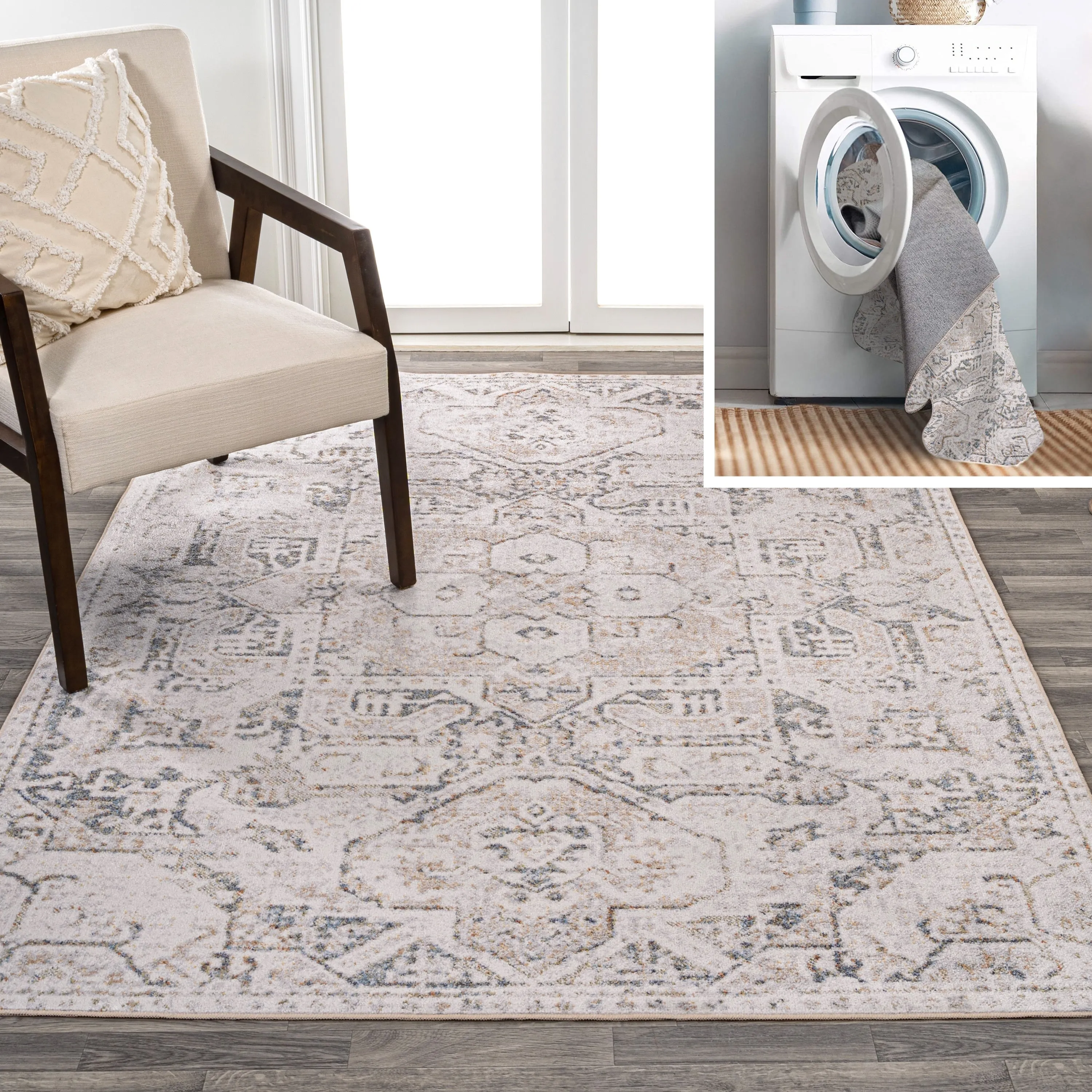 JONATHAn Y Keesha Distressed Medallion Low-Pile Machine-Washable Cream/Light Gray Area Rug
