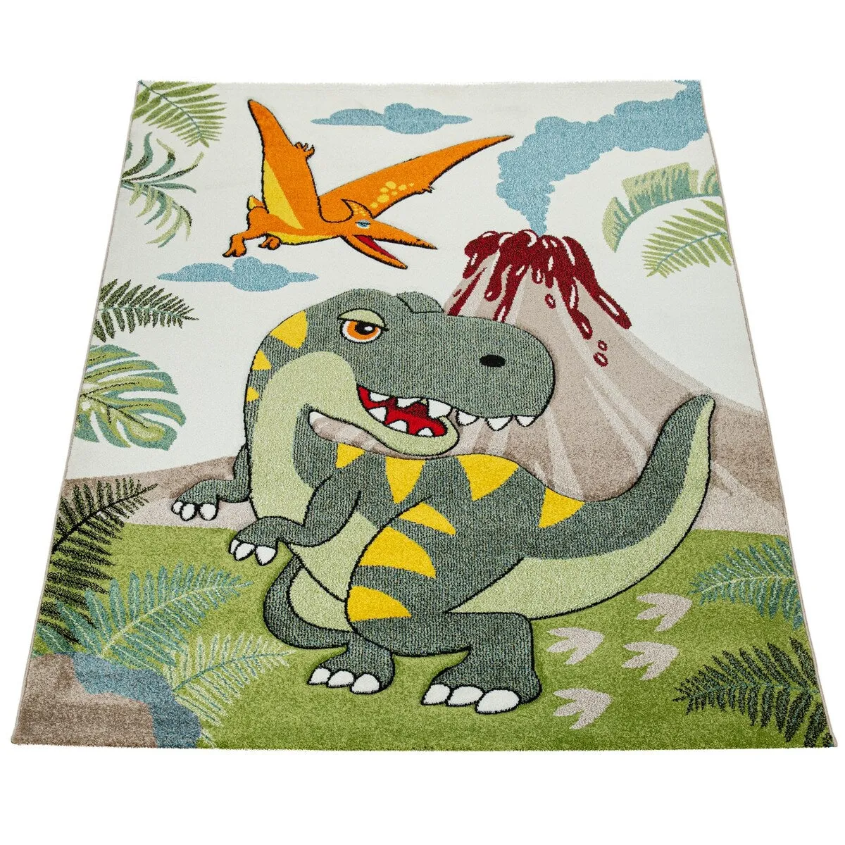 Kids Rug for Boys Jurresic World T-Rex Dinosaur Jungle in Green
