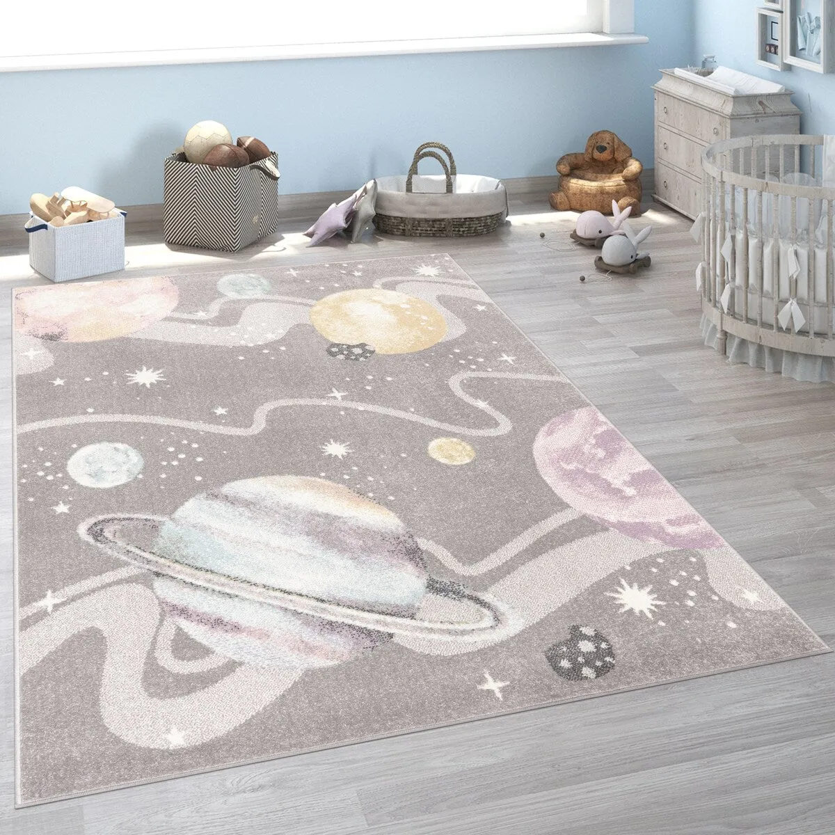Kids Rug Space with Planets and Stars in Pastel Colors