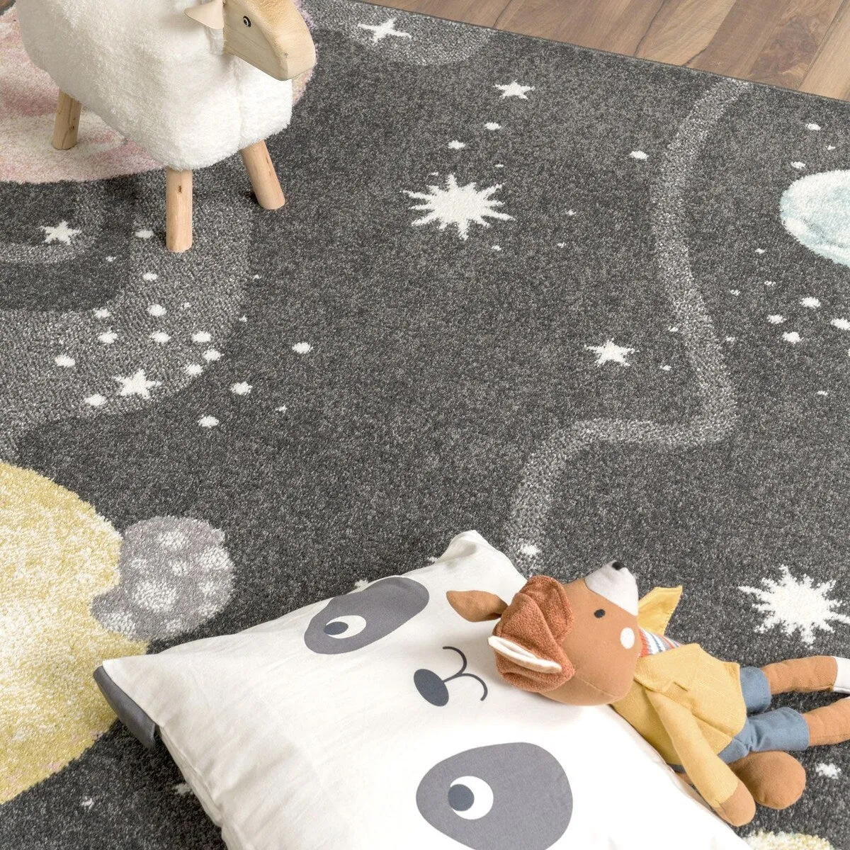 Kids Rug Space with Planets and Stars in Pastel Colors