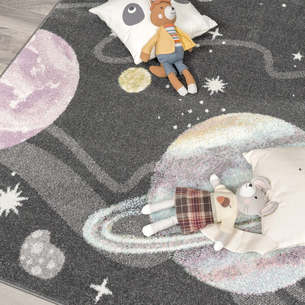 Kids Rug Space with Planets and Stars in Pastel Colors