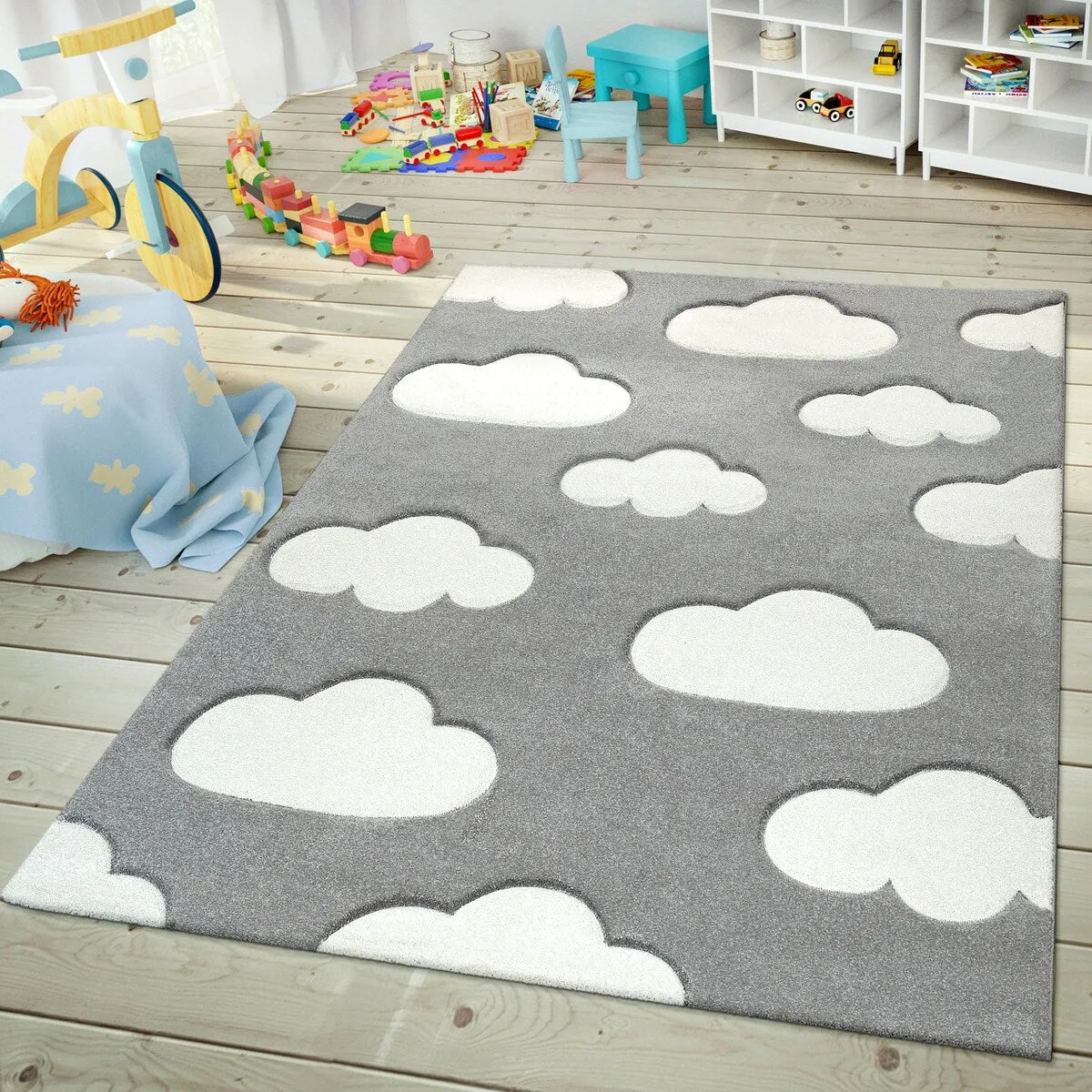 Kids Rug with Clouds in Pastel Colors for Children's Room or Nursery