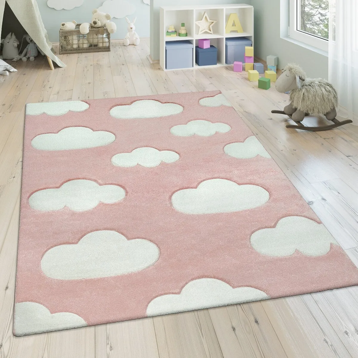 Kids Rug with Clouds in Pastel Colors for Children's Room or Nursery