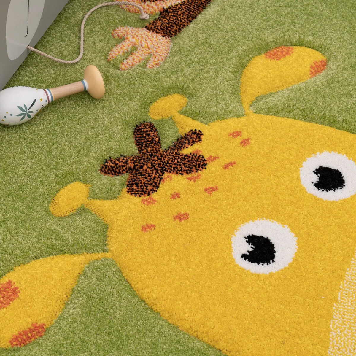 Kids Rug with Jungle Animal Motif in Green