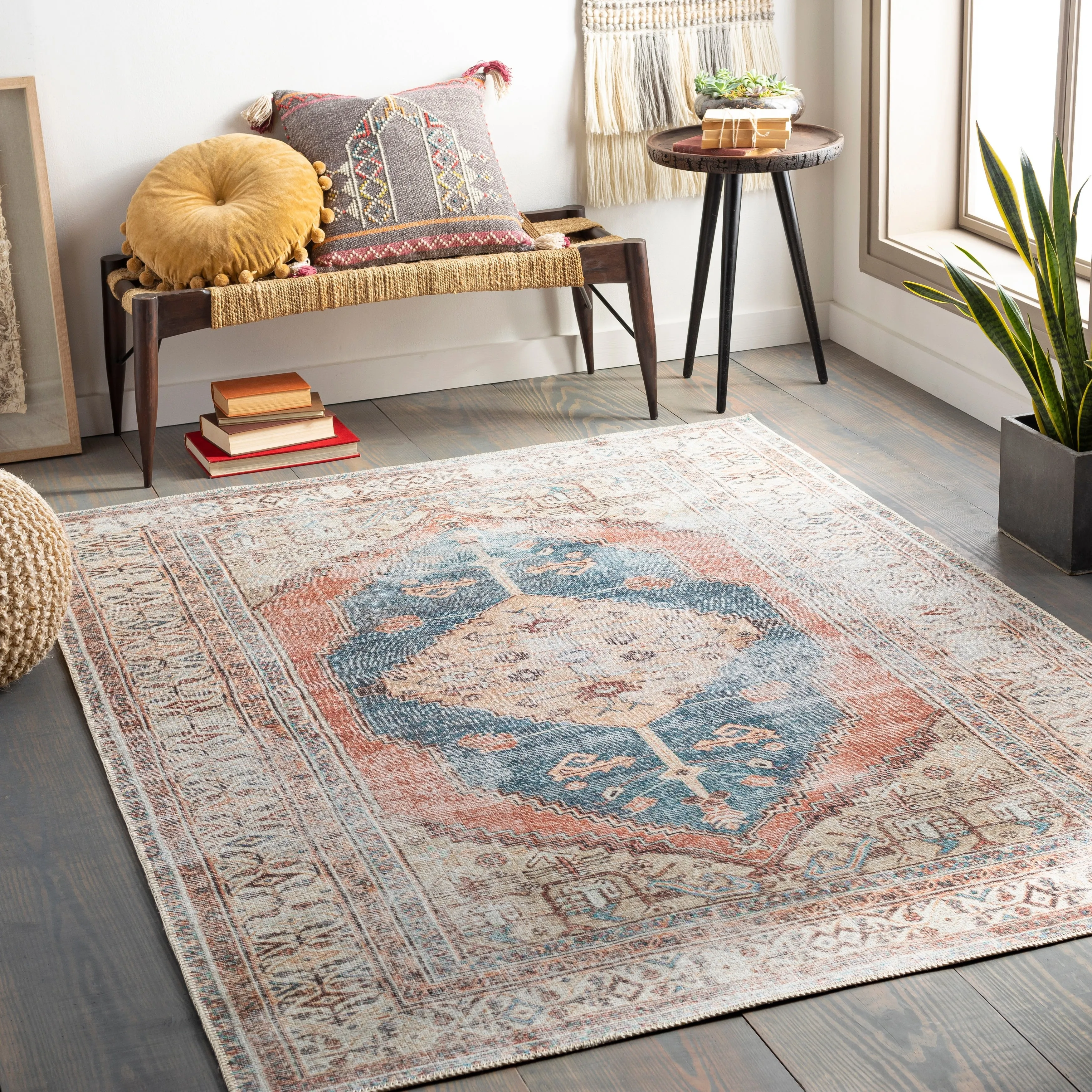 Livabliss Luisa Distressed Medallion Printed Machine Washable Area Rug