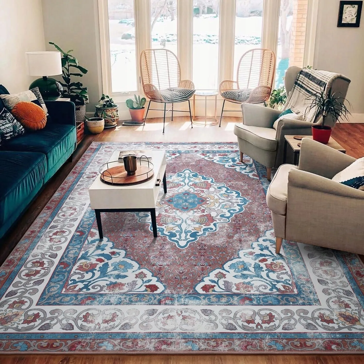 Living Room Area Rug Floral Dining Room Bedroom No-Pile Carpet