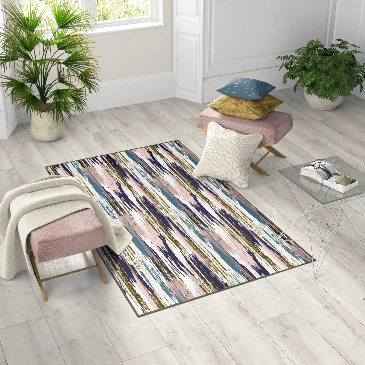 Living Room Area Rug Nonslip. Abstract Brushstrokes Glitter Pattern