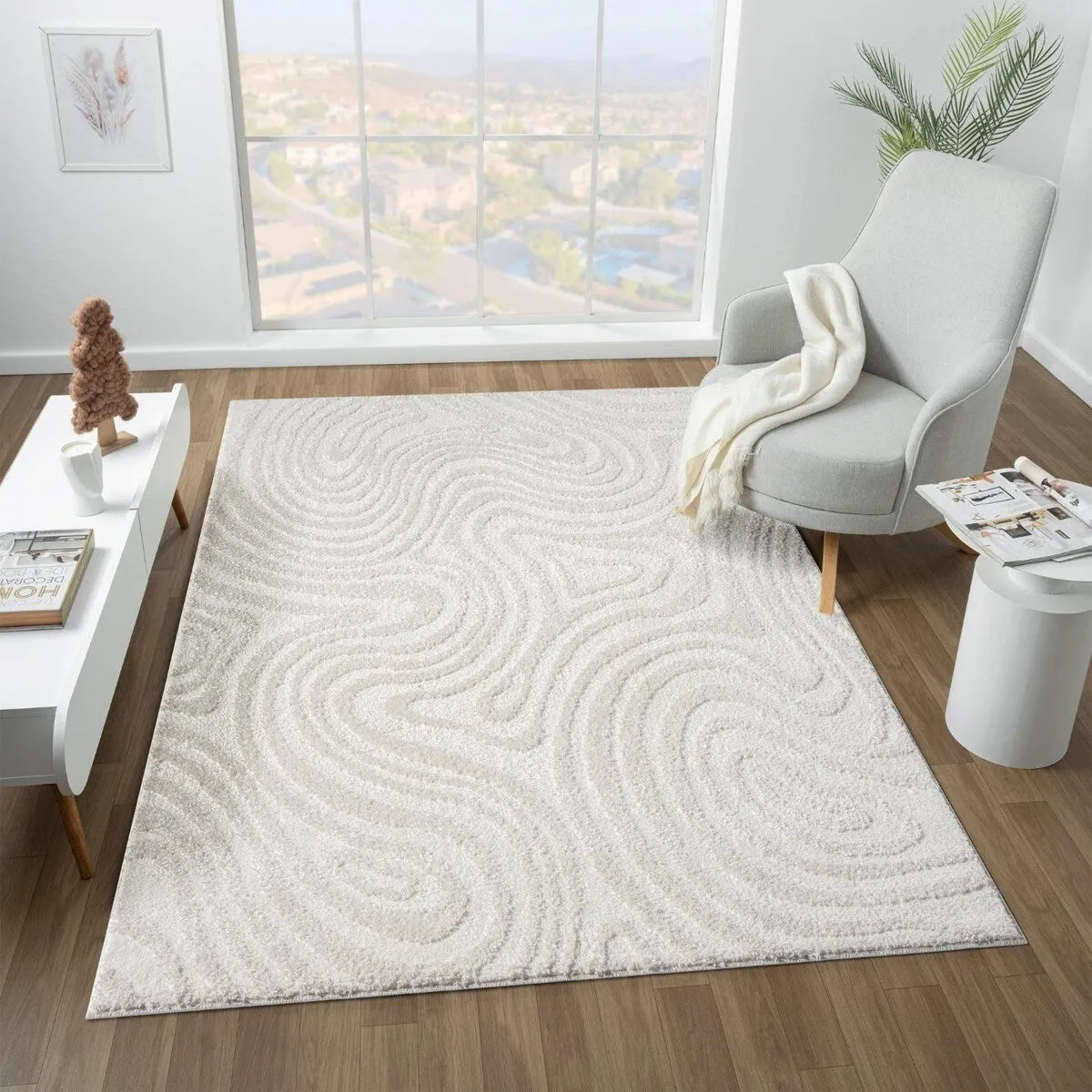 Luxe Weavers Geometric Swirl Cream Area Rug. Stain Resistant Carpet
