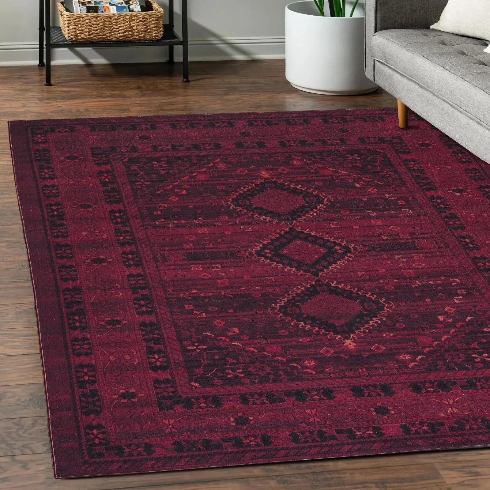 Machine Washable Area Rug-Olympus Turkoman Oriental Bokhara Burgundy