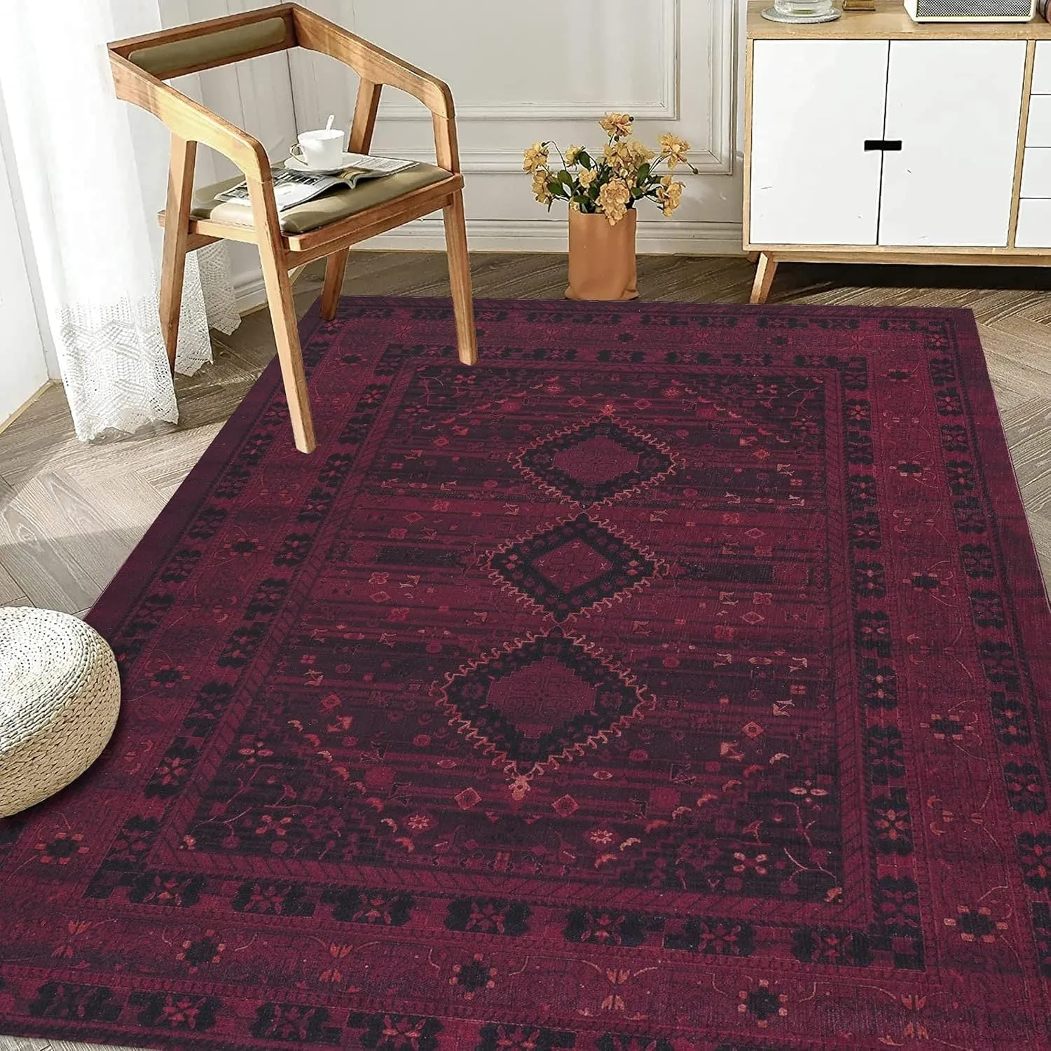 Machine Washable Area Rug-Olympus Turkoman Oriental Bokhara Burgundy