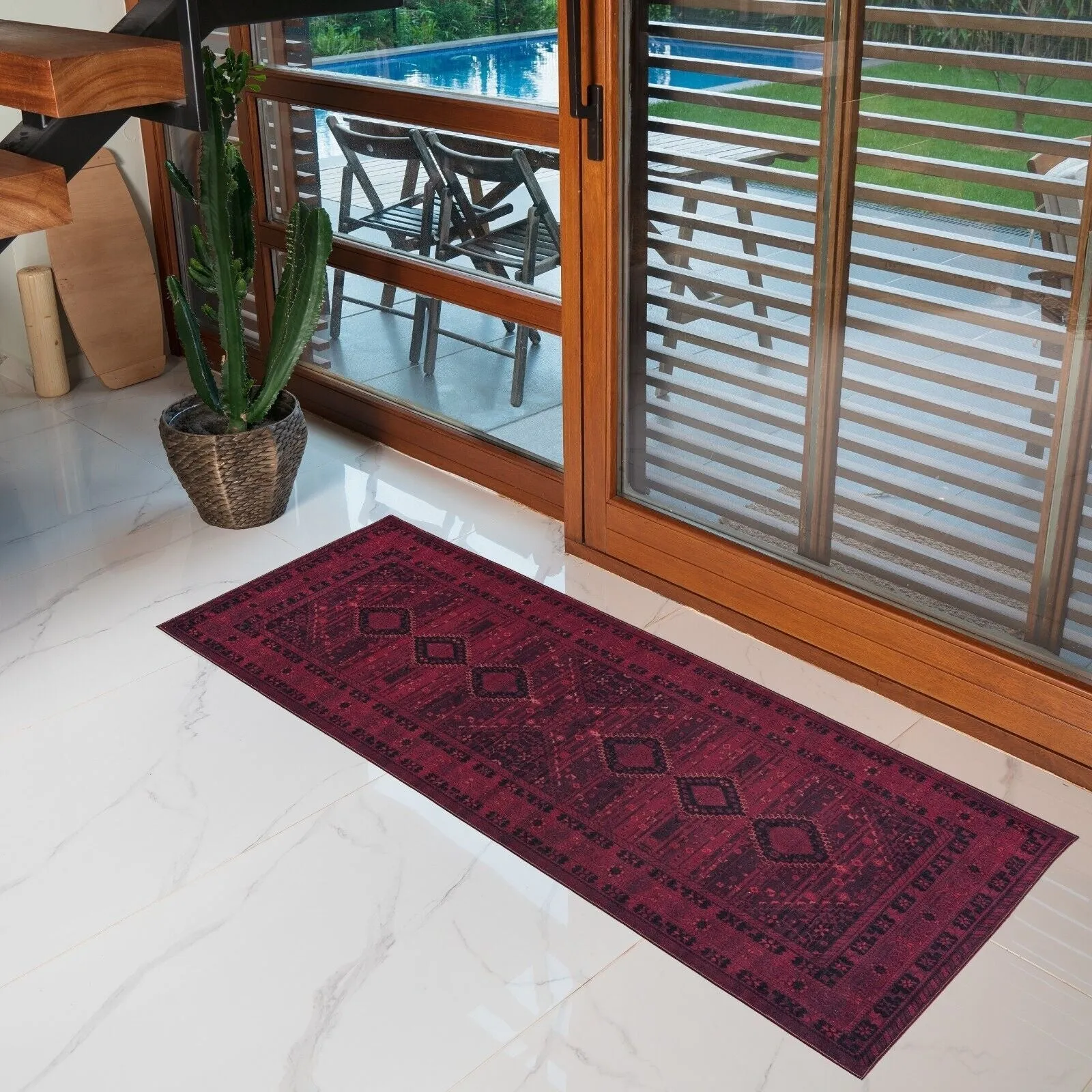 Machine Washable Area Rug-Olympus Turkoman Oriental Bokhara Burgundy