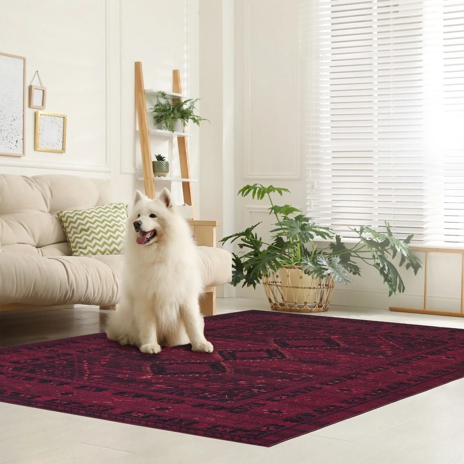 Machine Washable Area Rug-Olympus Turkoman Oriental Bokhara Burgundy