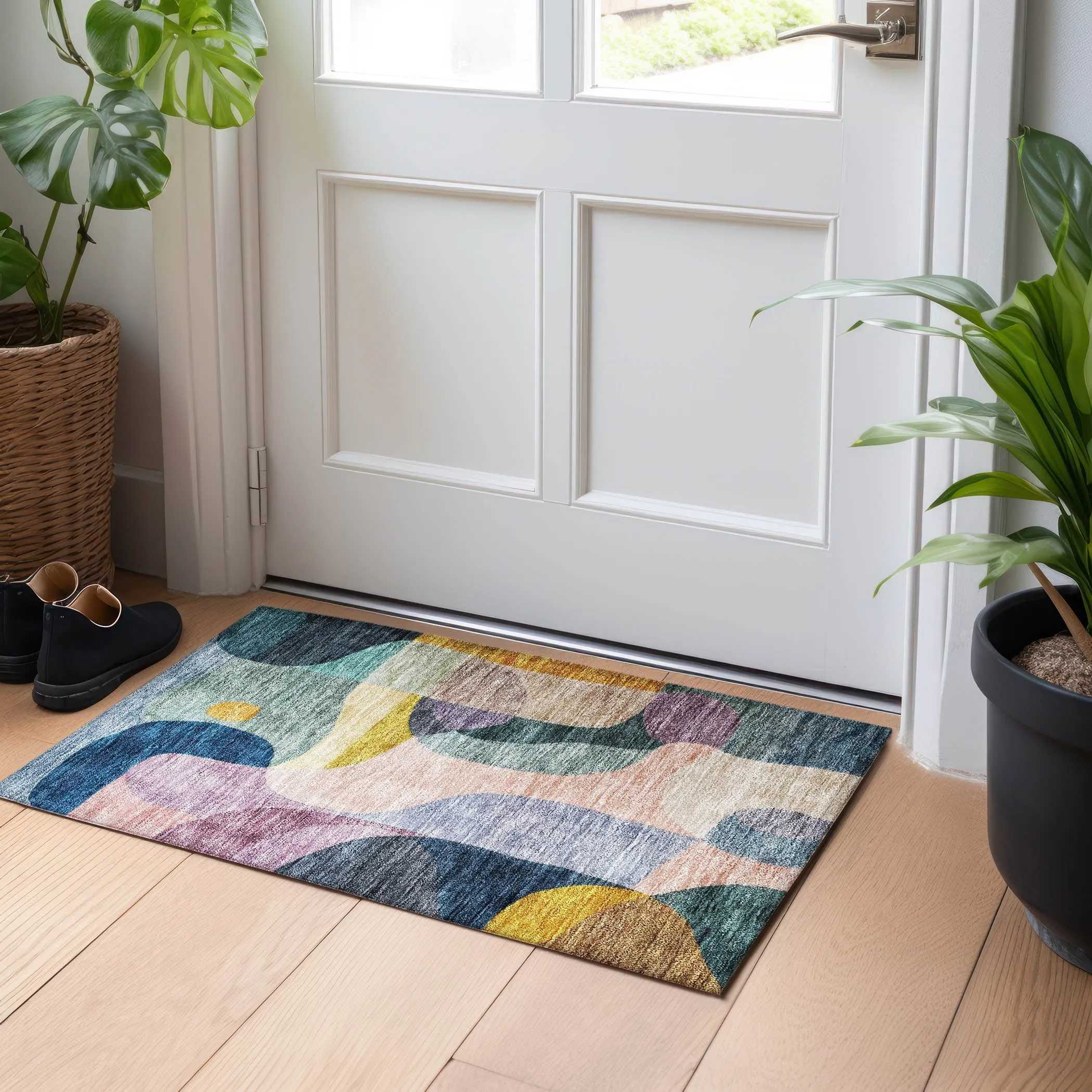 Machine Washable Indoor/ Outdoor Abstract Contemporary Chantille Rug
