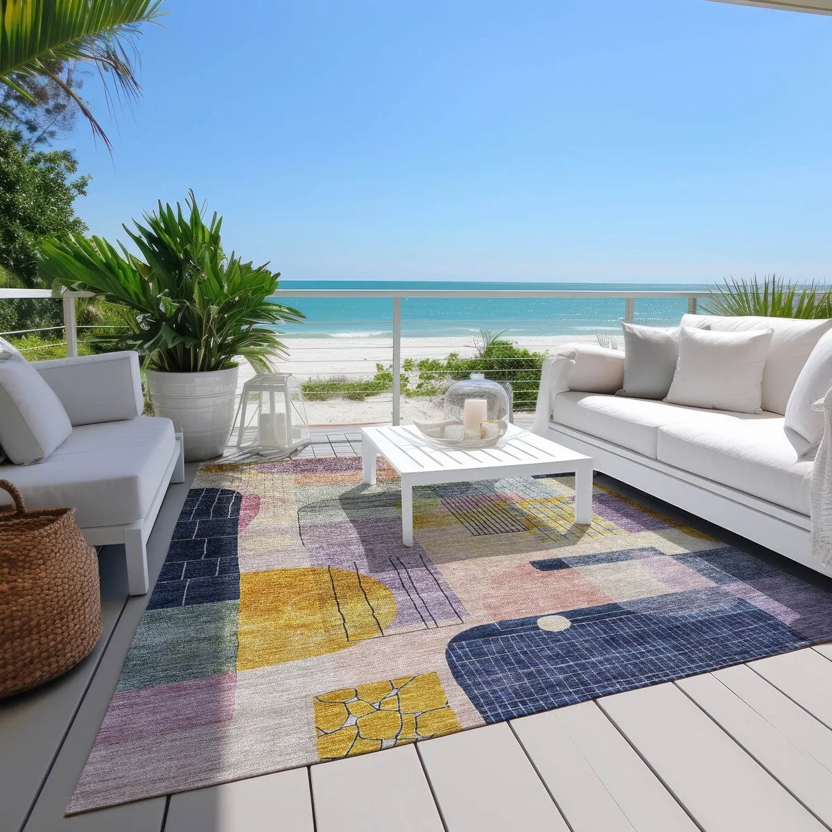 Machine Washable Indoor/ Outdoor Abstract Contemporary Chantille Rug