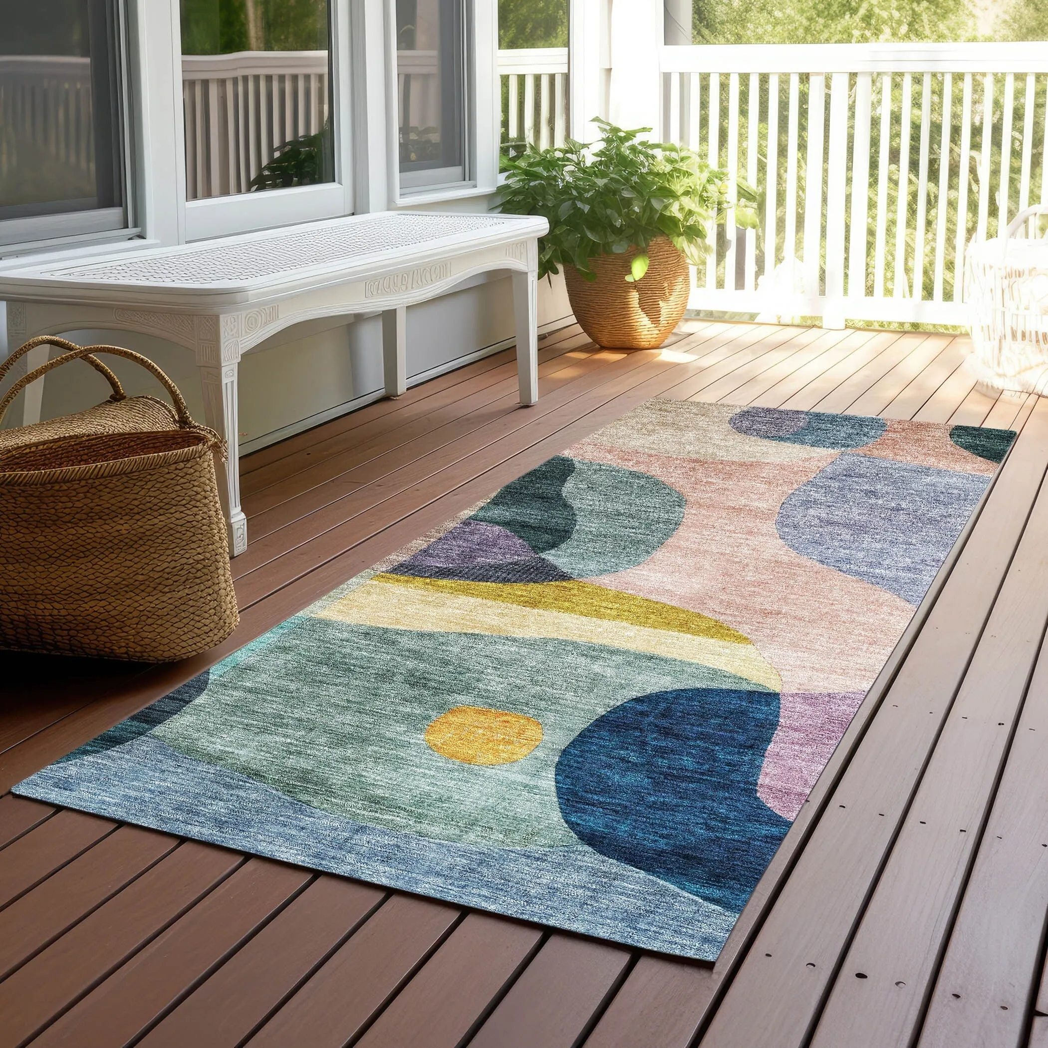 Machine Washable Indoor/ Outdoor Abstract Contemporary Chantille Rug