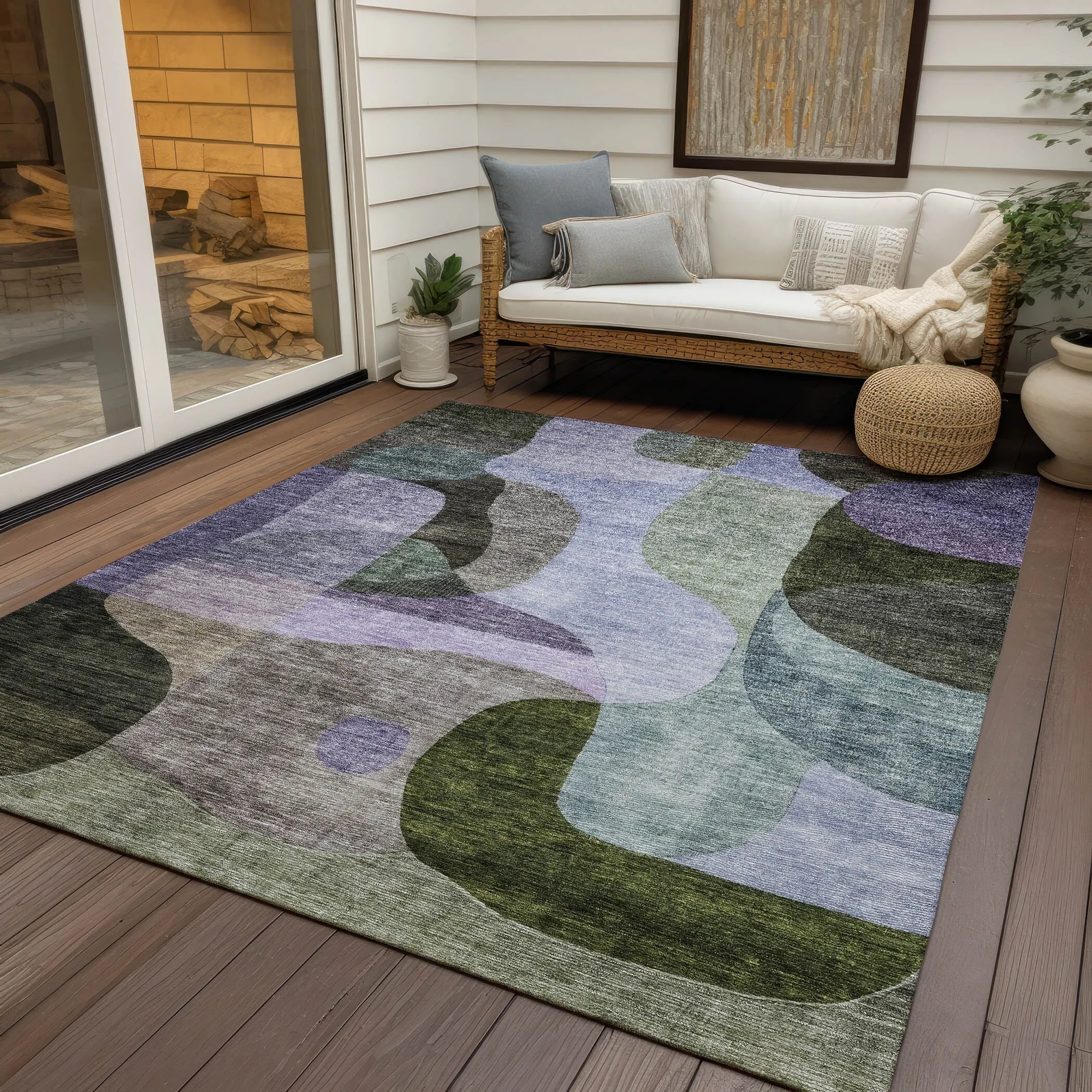 Machine Washable Indoor/ Outdoor Abstract Contemporary Chantille Rug