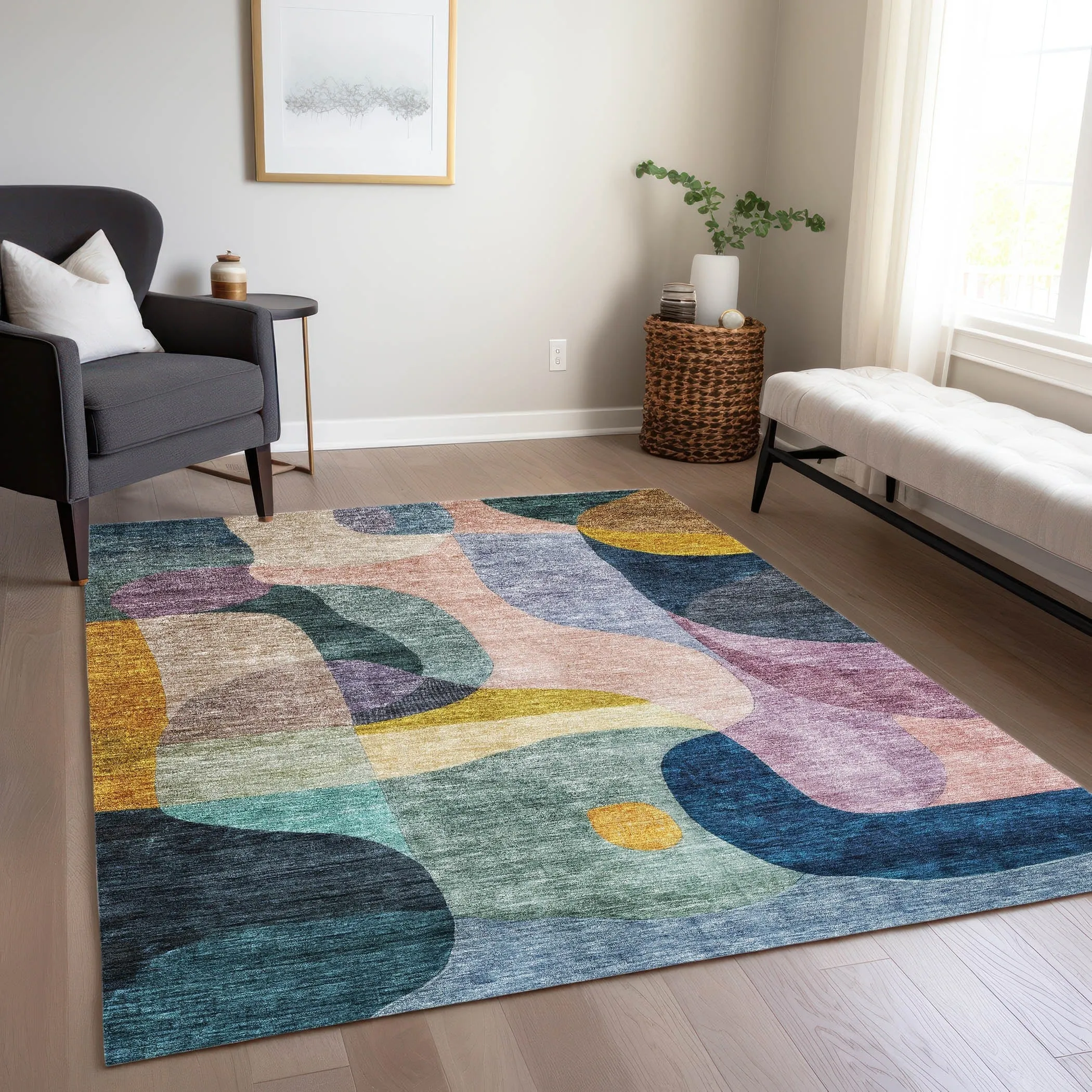 Machine Washable Indoor/ Outdoor Abstract Contemporary Chantille Rug