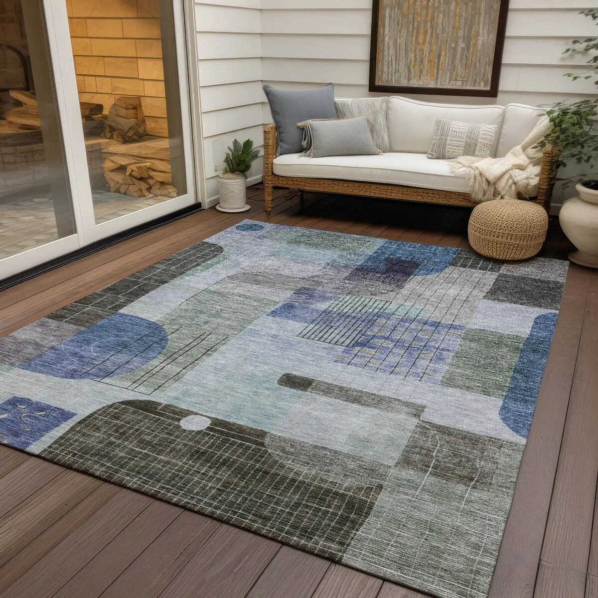 Machine Washable Indoor/ Outdoor Abstract Contemporary Chantille Rug