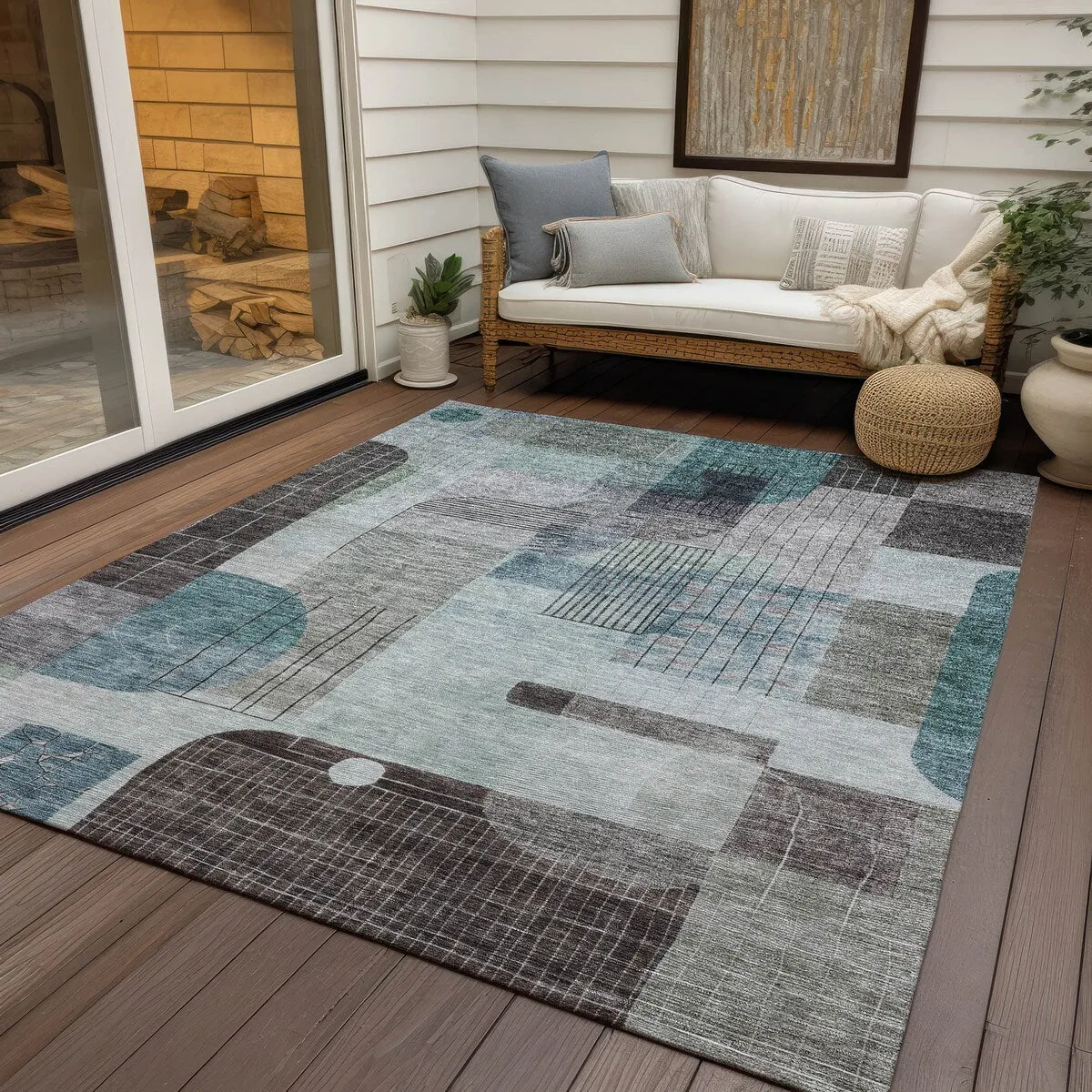 Machine Washable Indoor/ Outdoor Abstract Contemporary Chantille Rug