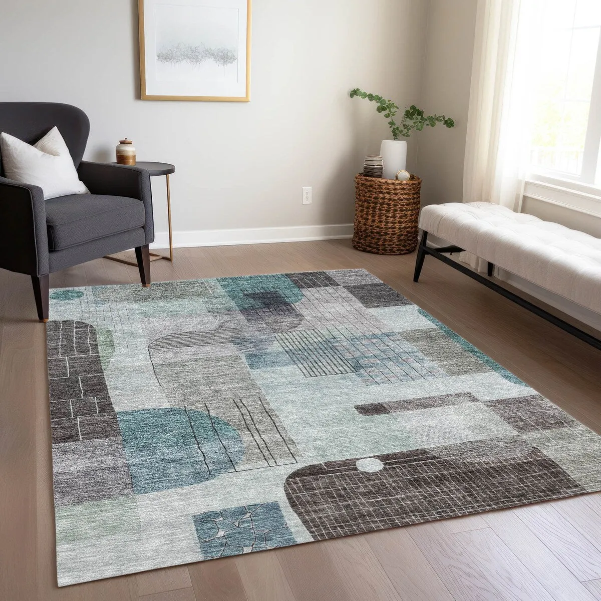 Machine Washable Indoor/ Outdoor Abstract Contemporary Chantille Rug