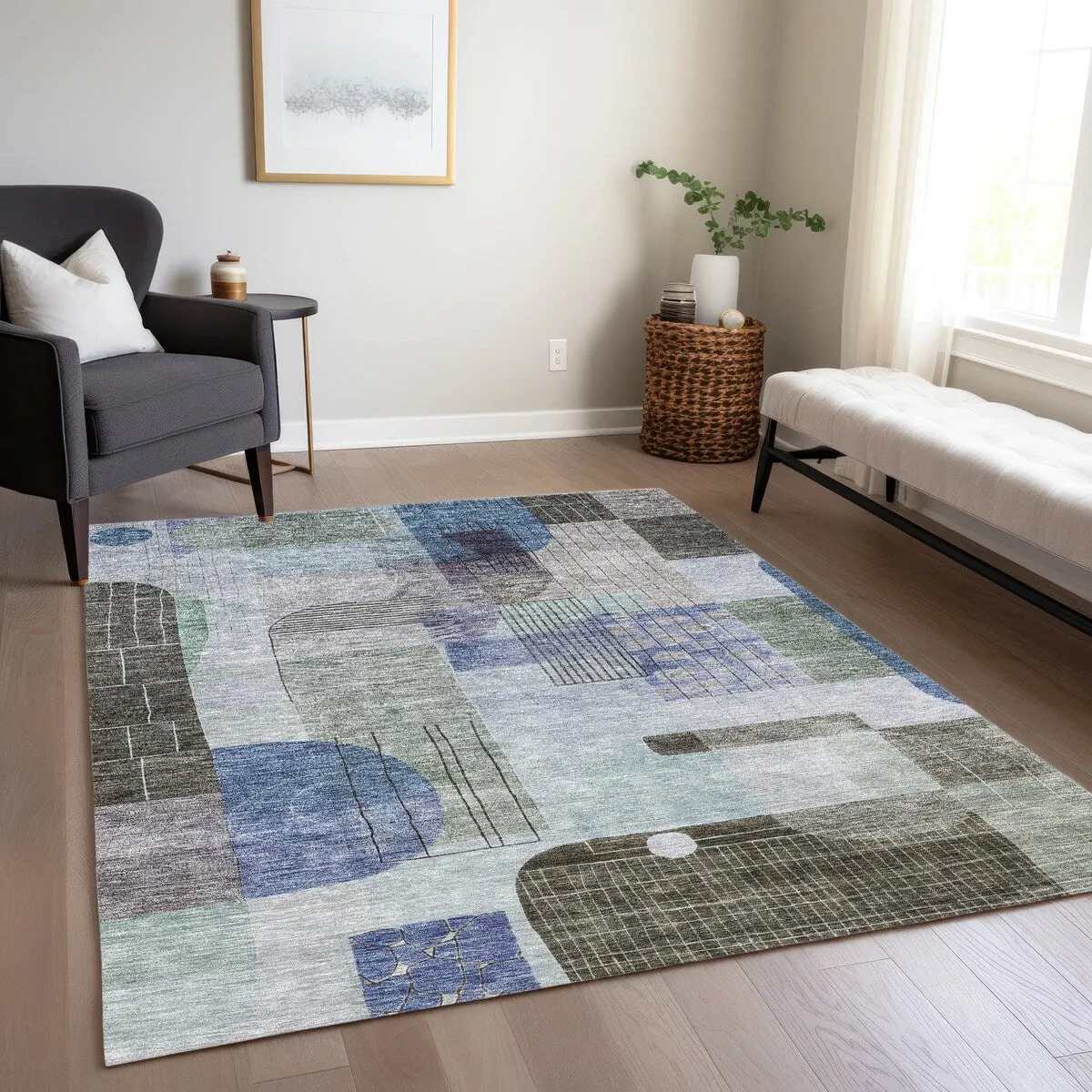 Machine Washable Indoor/ Outdoor Abstract Contemporary Chantille Rug