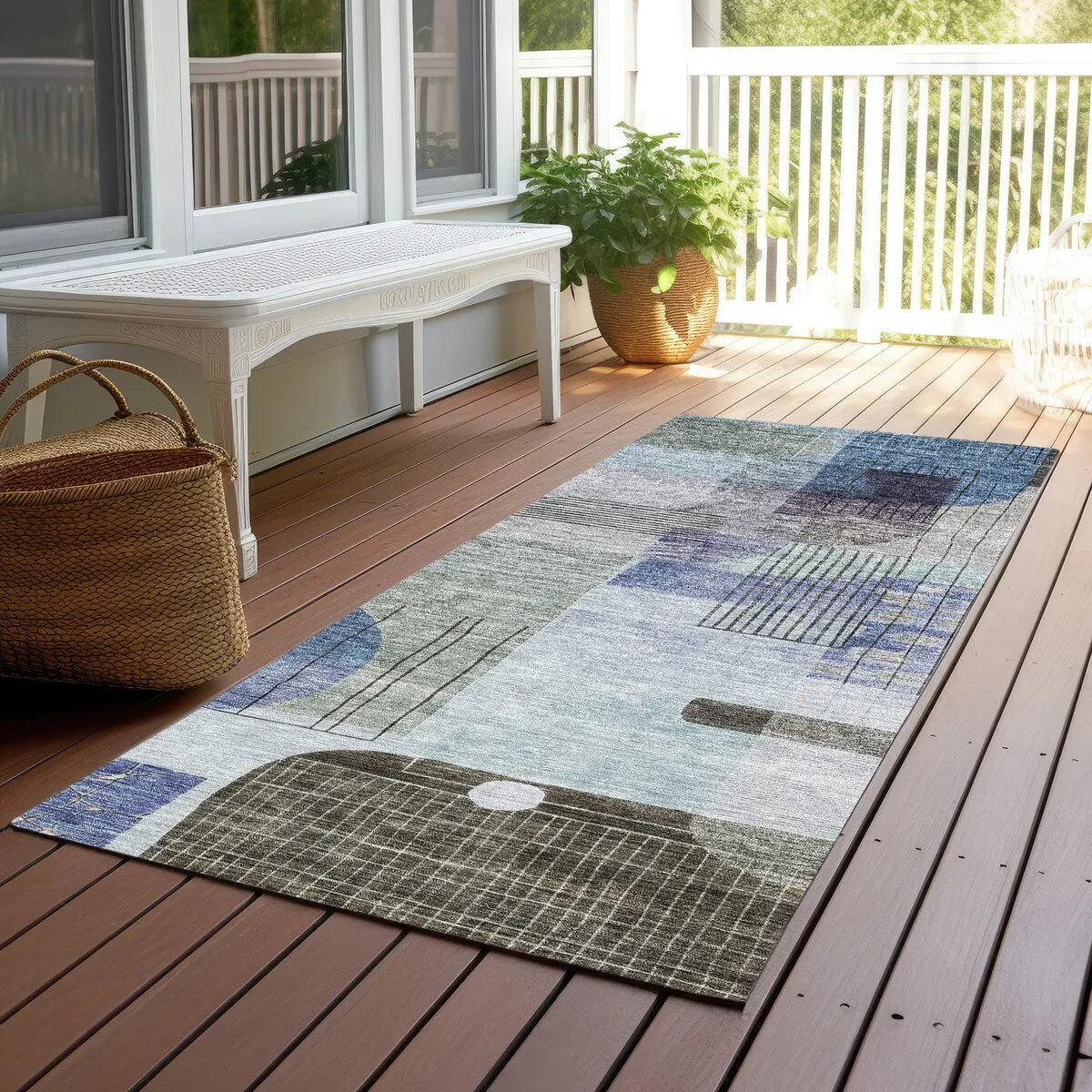 Machine Washable Indoor/ Outdoor Abstract Contemporary Chantille Rug