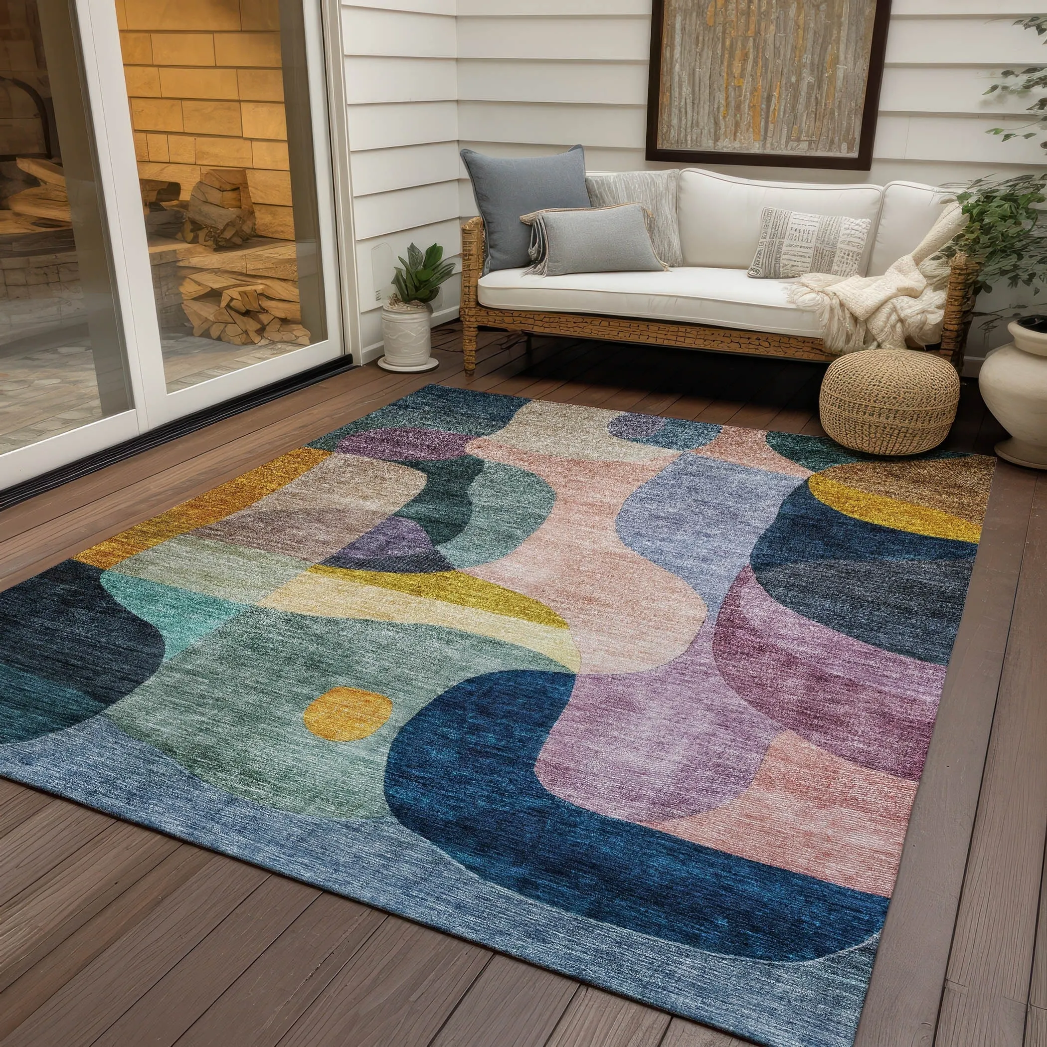 Machine Washable Indoor/ Outdoor Abstract Contemporary Chantille Rug