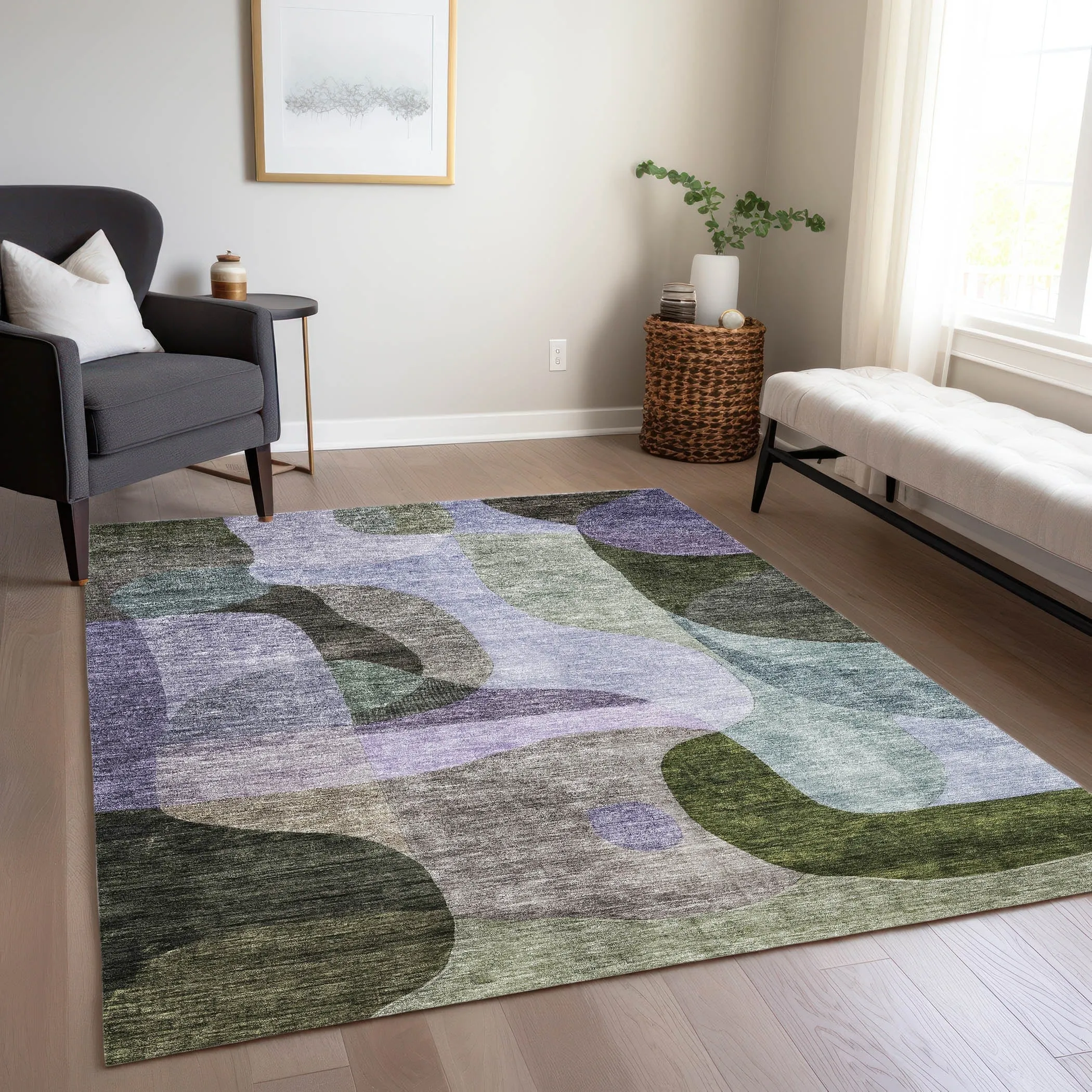 Machine Washable Indoor/ Outdoor Abstract Contemporary Chantille Rug