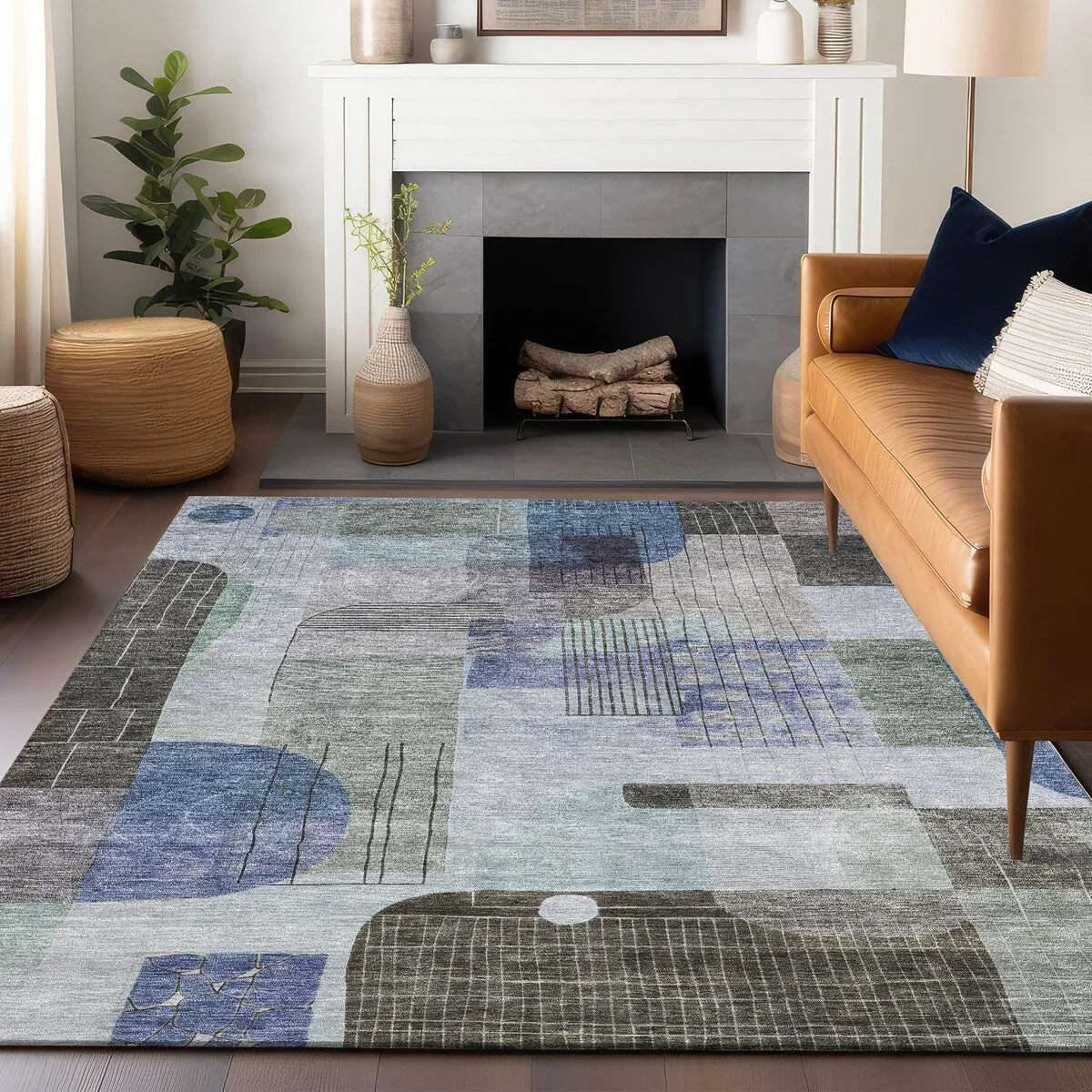 Machine Washable Indoor/ Outdoor Abstract Contemporary Chantille Rug