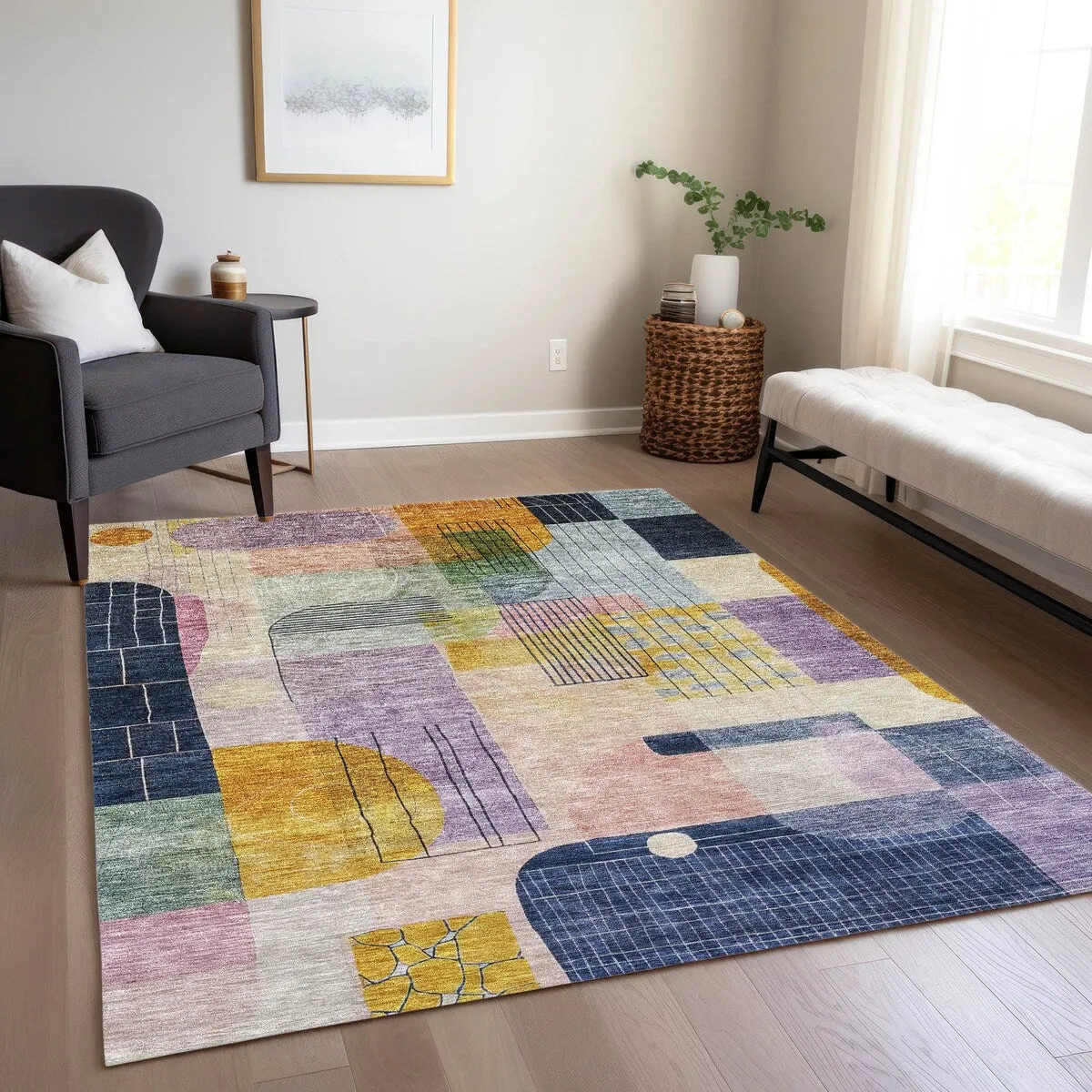 Machine Washable Indoor/ Outdoor Abstract Contemporary Chantille Rug