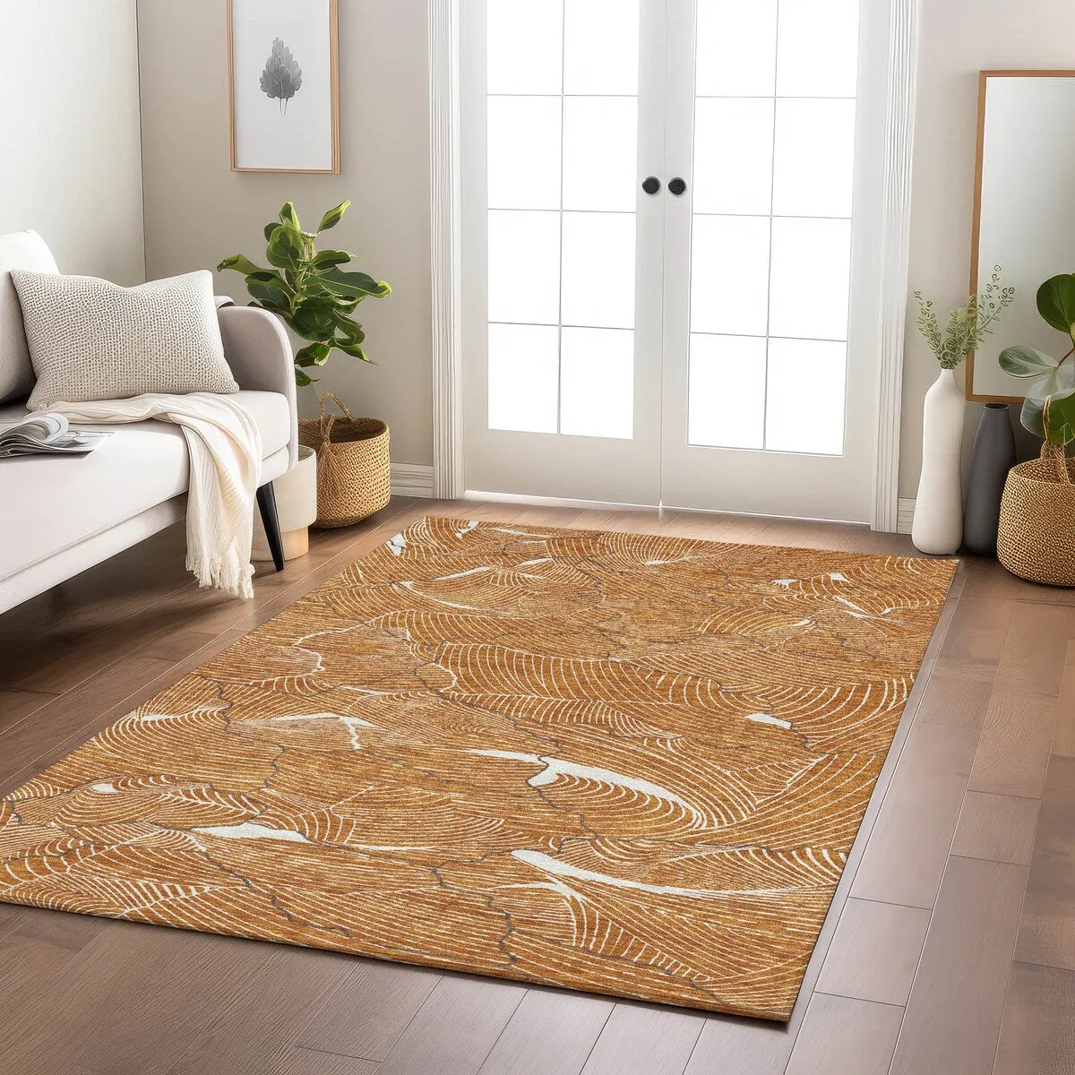 Machine Washable Indoor/ Outdoor Abstract Crackle Chantille Rug
