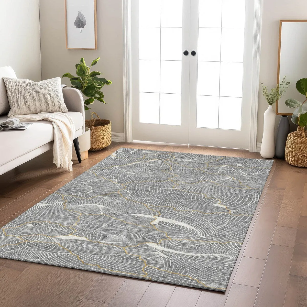 Machine Washable Indoor/ Outdoor Abstract Crackle Chantille Rug