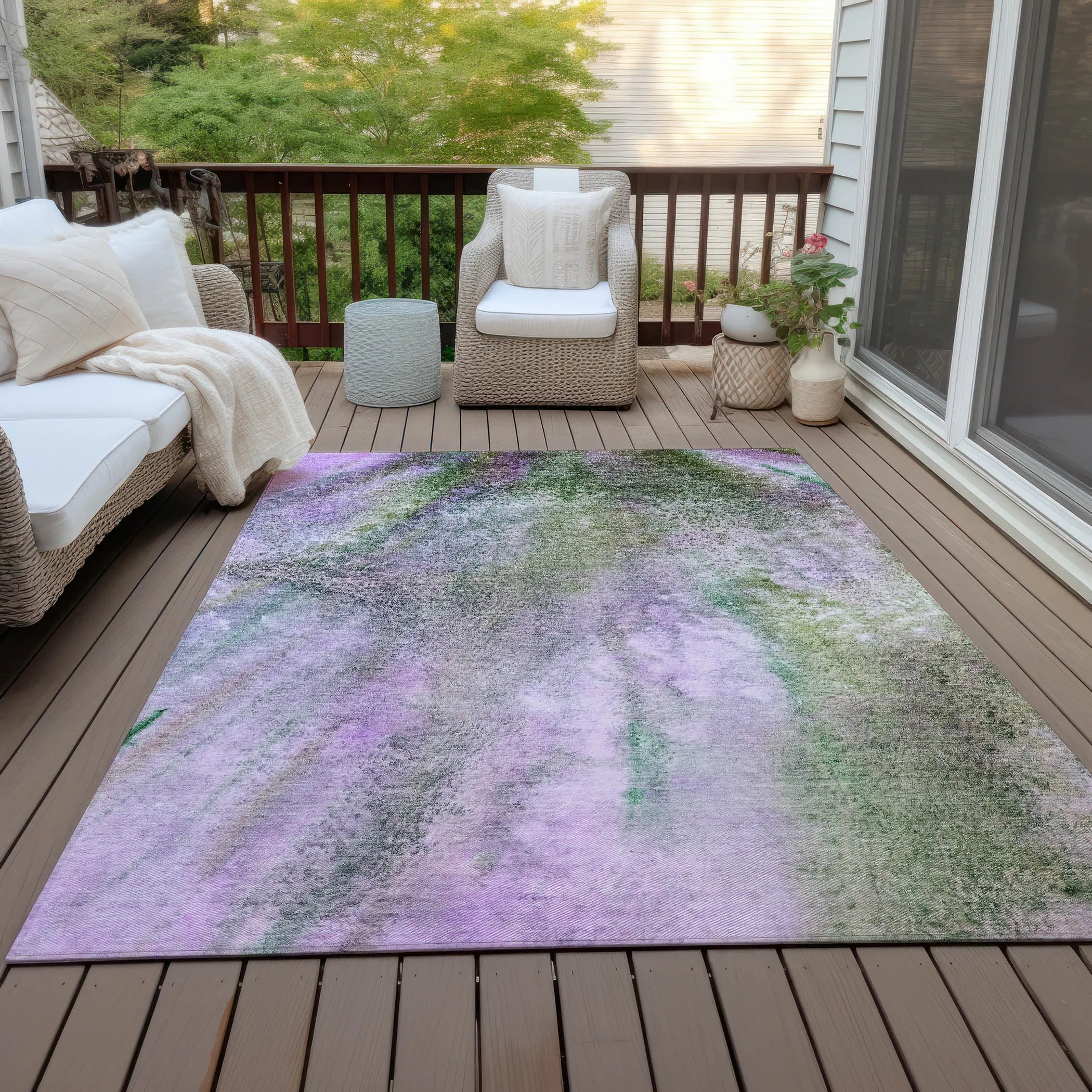 Machine Washable Indoor/ Outdoor Abstract Watercolor Chantille Rug
