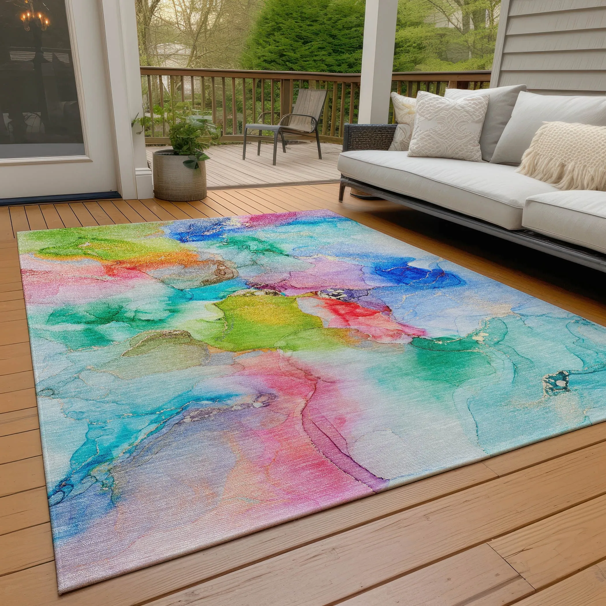Machine Washable Indoor/ Outdoor Abstract Watercolor Chantille Rug