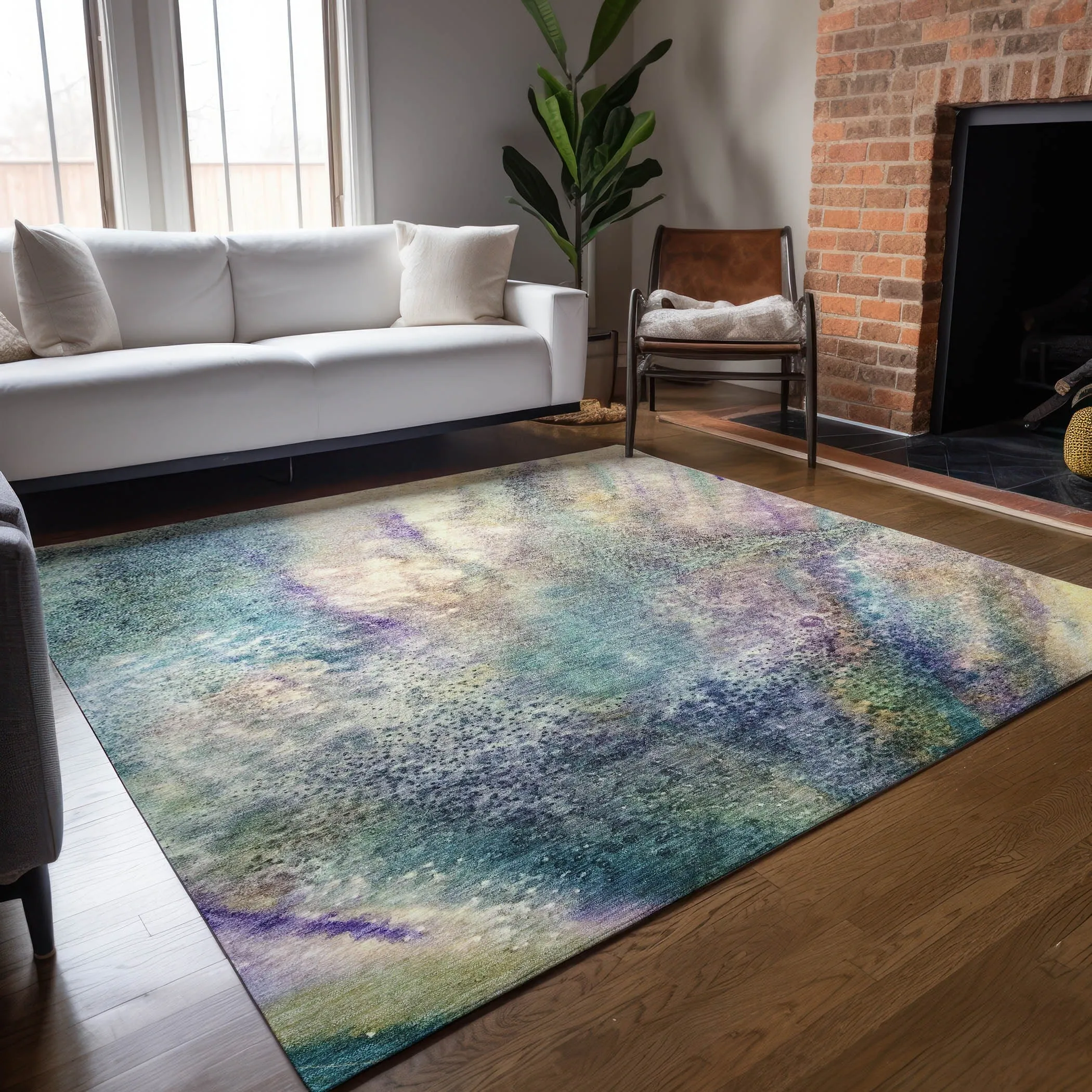Machine Washable Indoor/ Outdoor Abstract Watercolor Chantille Rug
