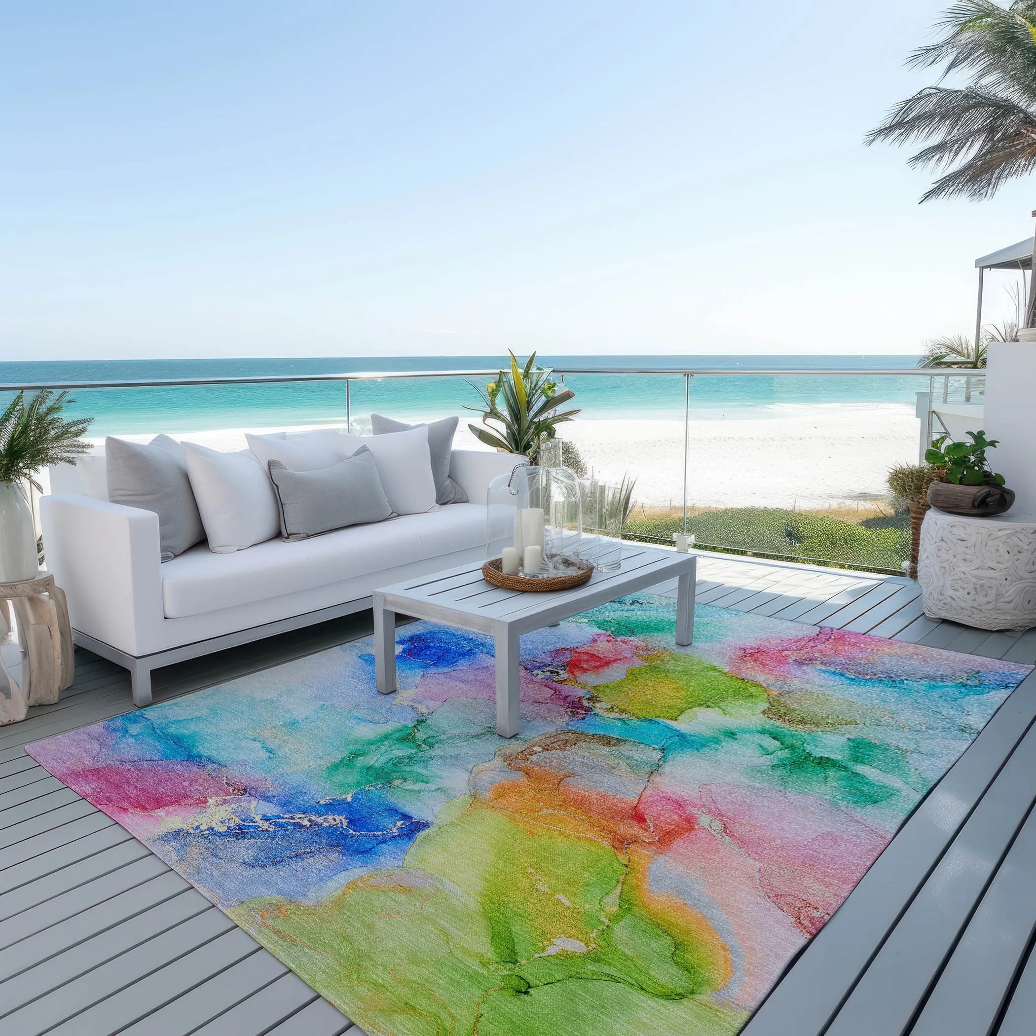Machine Washable Indoor/ Outdoor Abstract Watercolor Chantille Rug