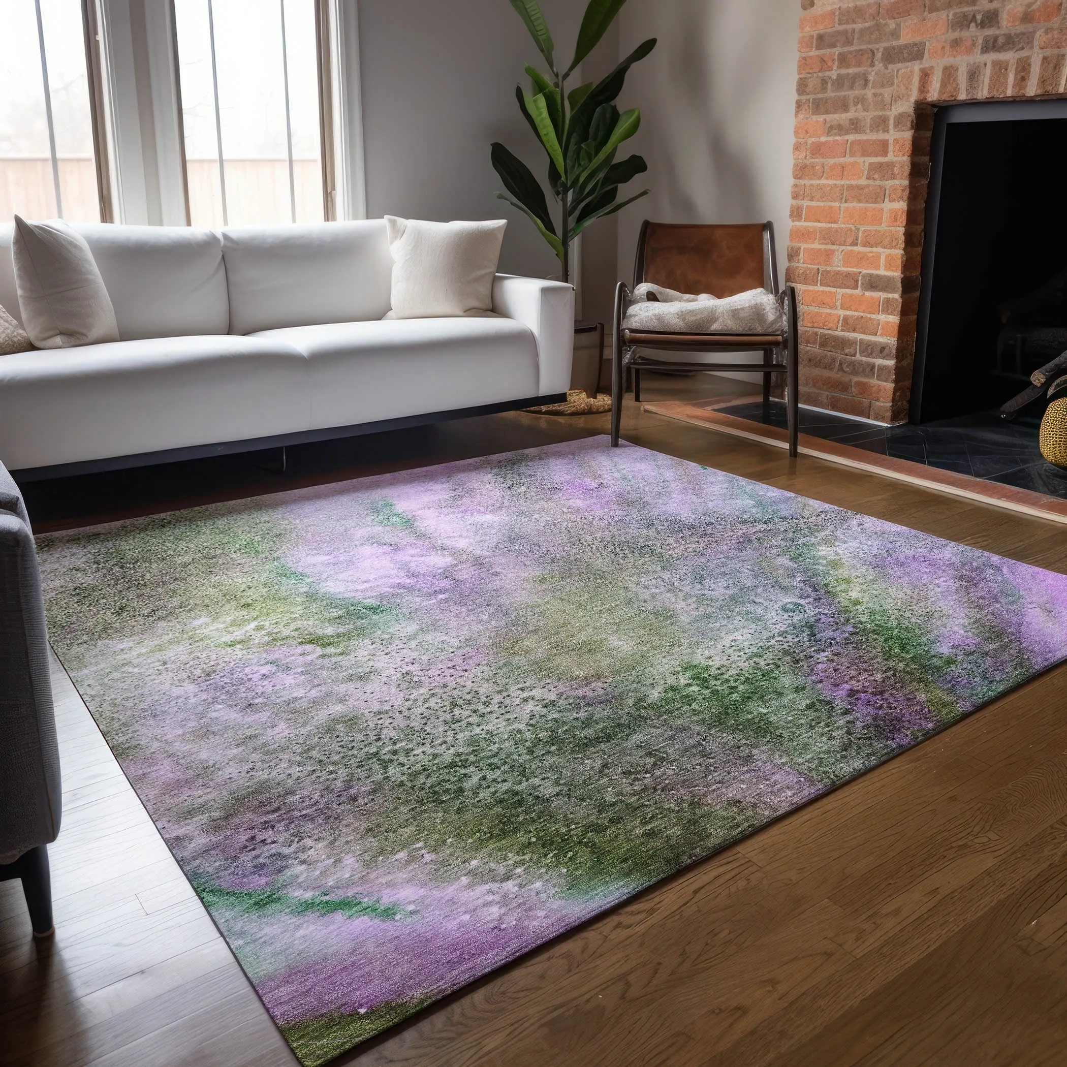 Machine Washable Indoor/ Outdoor Abstract Watercolor Chantille Rug