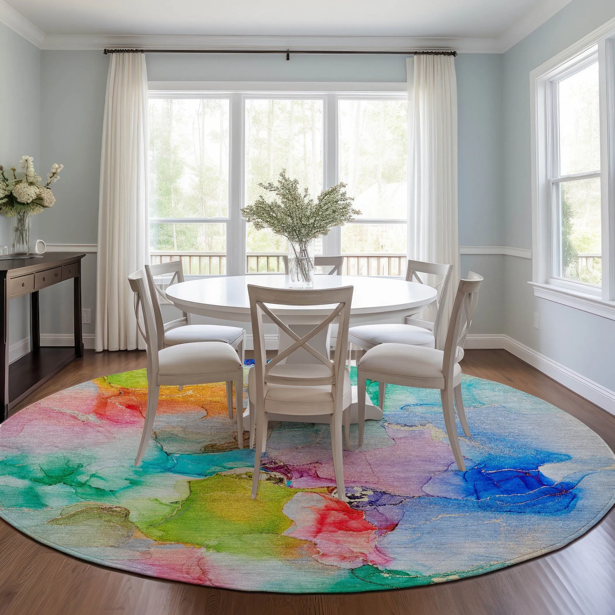 Machine Washable Indoor/ Outdoor Abstract Watercolor Chantille Rug