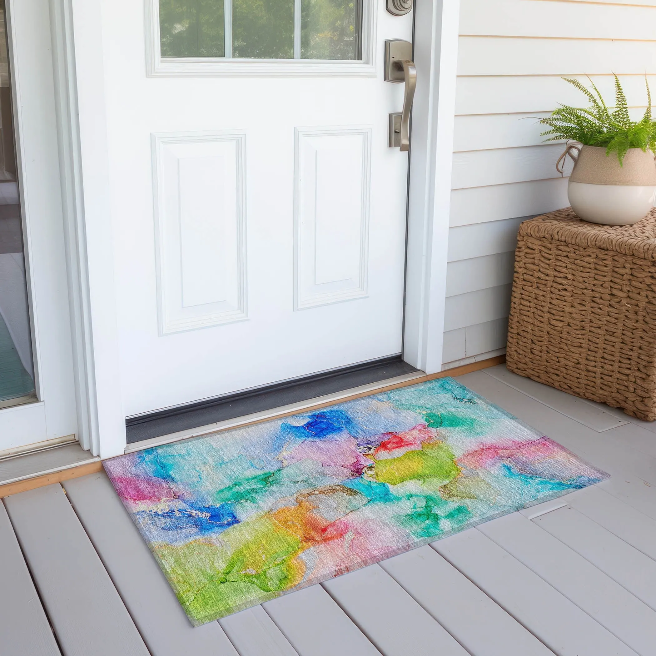 Machine Washable Indoor/ Outdoor Abstract Watercolor Chantille Rug