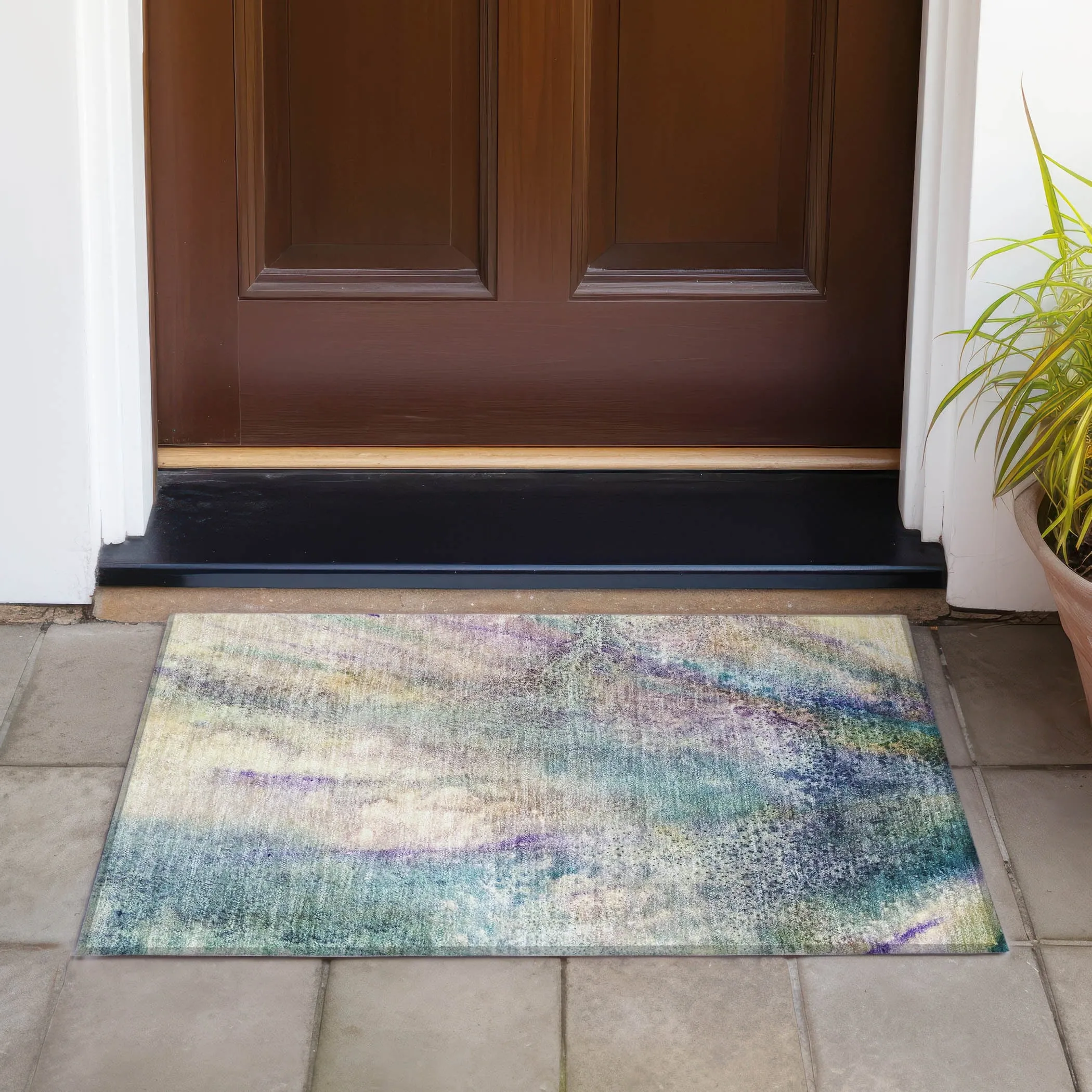 Machine Washable Indoor/ Outdoor Abstract Watercolor Chantille Rug